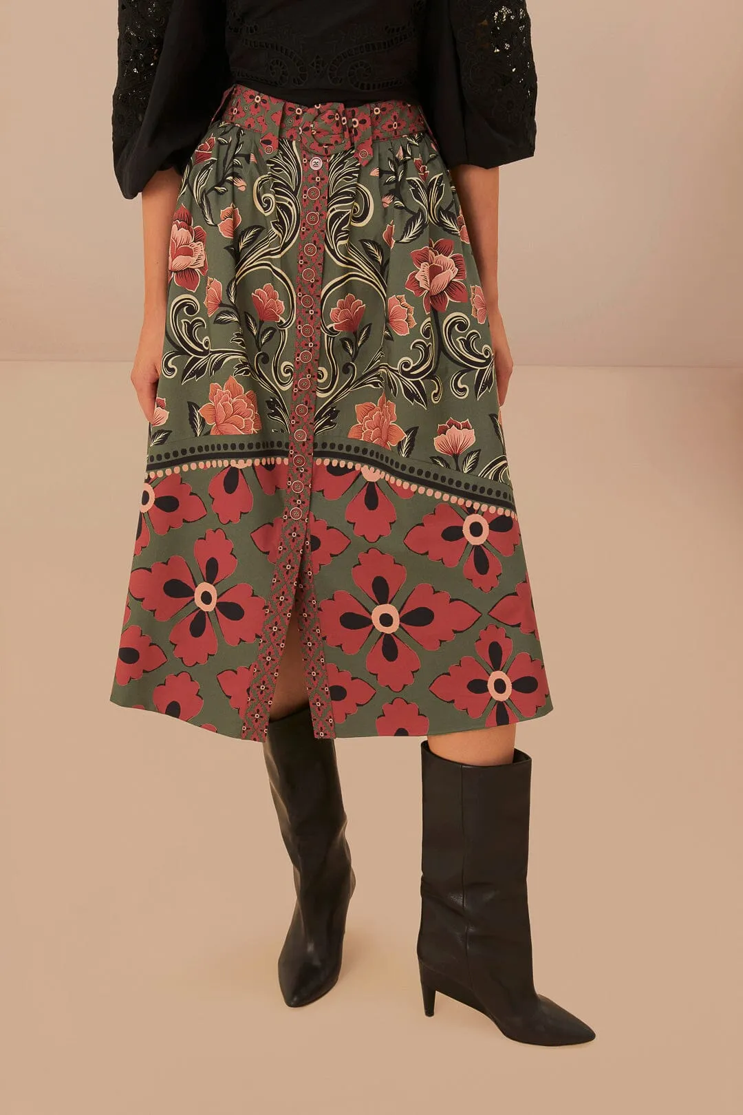 Arabesque Floral Green Buttons Midi Skirt Designer Label