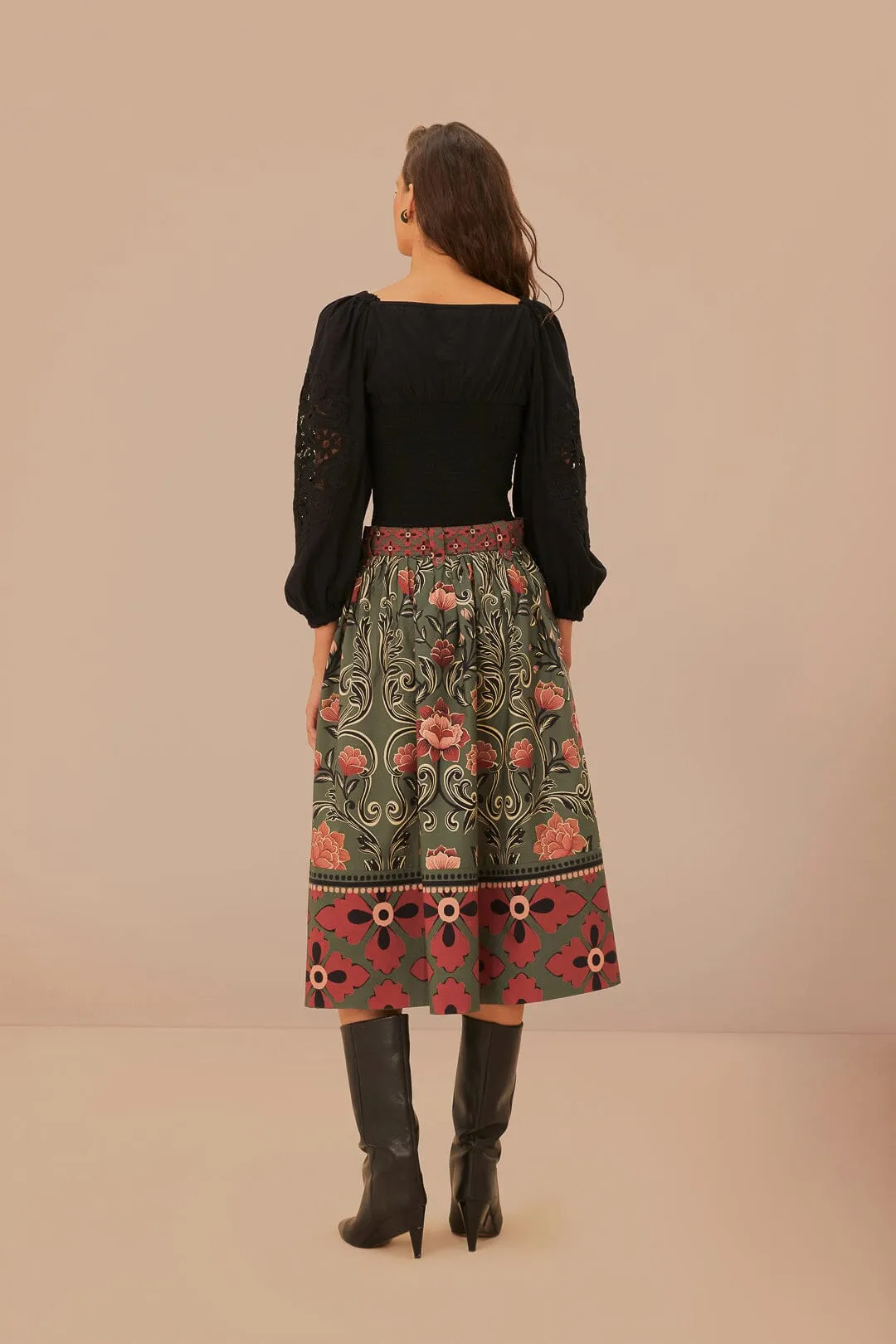 Arabesque Floral Green Buttons Midi Skirt Flared hem All Day