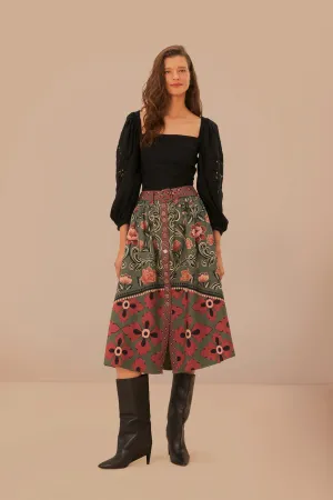 Refined Edge Relaxed Vibes Arabesque Floral Green Buttons Midi Skirt