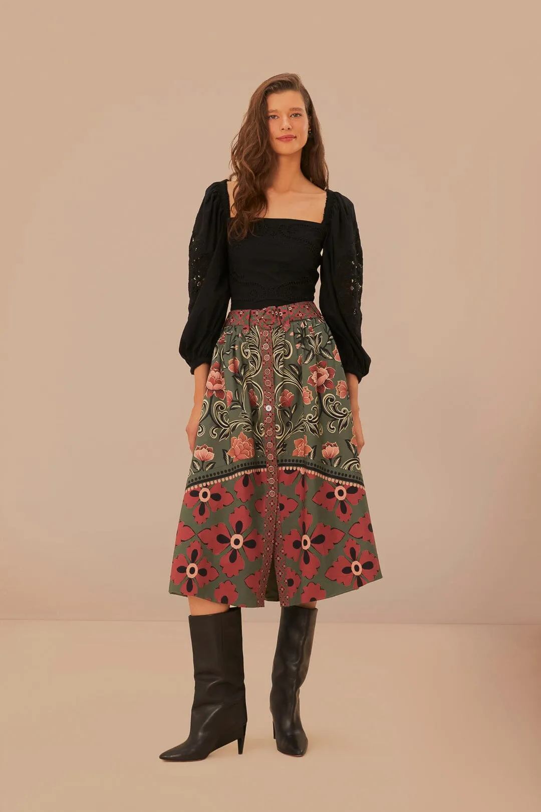 A Line Silhouette Arabesque Floral Green Buttons Midi Skirt