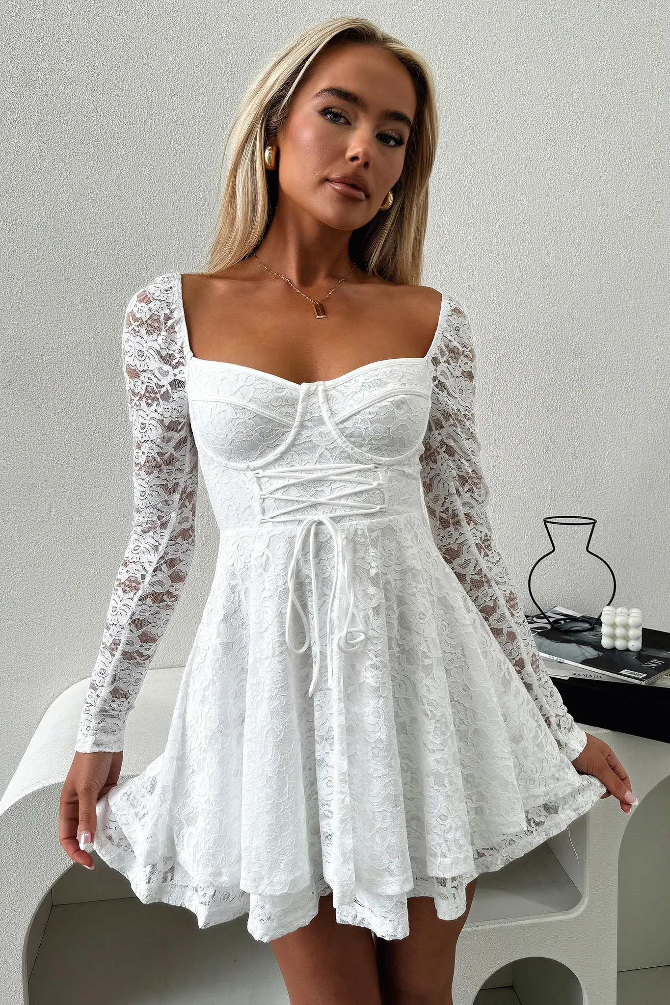 Tate Long Sleeve Lace Dress - White Hot Girl