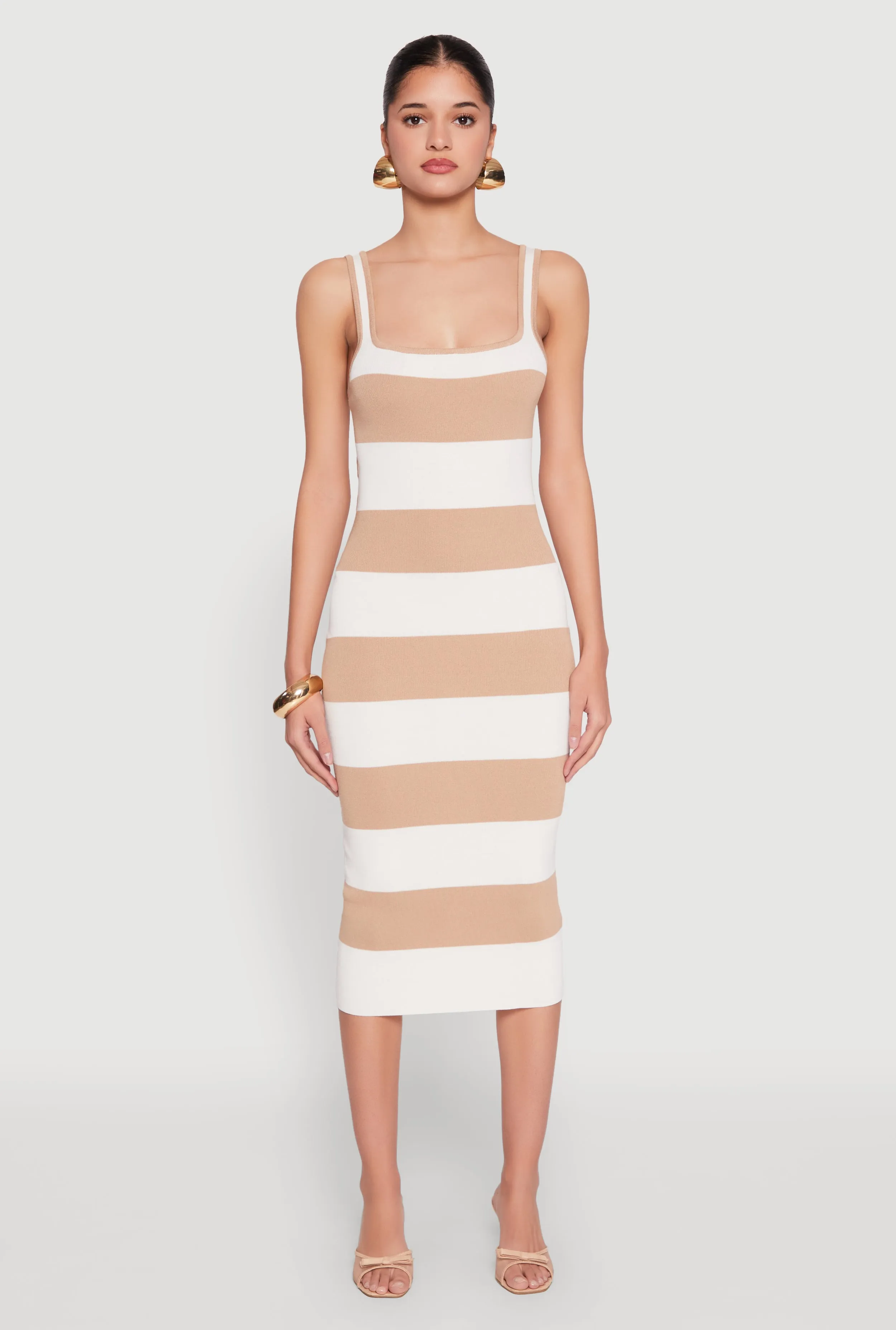 Japanese Neat Chic Design Open Tie Back Sleeveless Striped Bodycon Dress