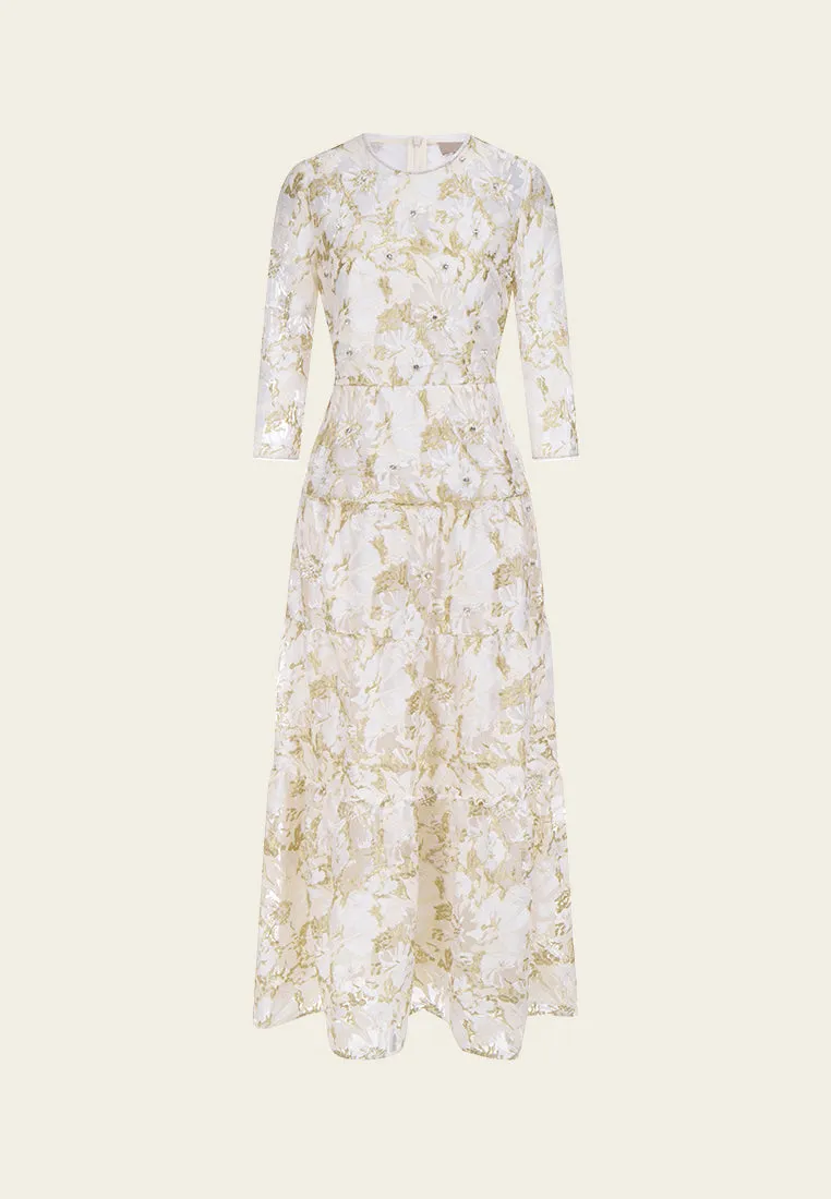 Embellished Abstract Pattern Embroidered Mesh Dress Nature Glow