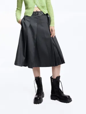 Irregular Pleated Midi Skirt Cuffed hem