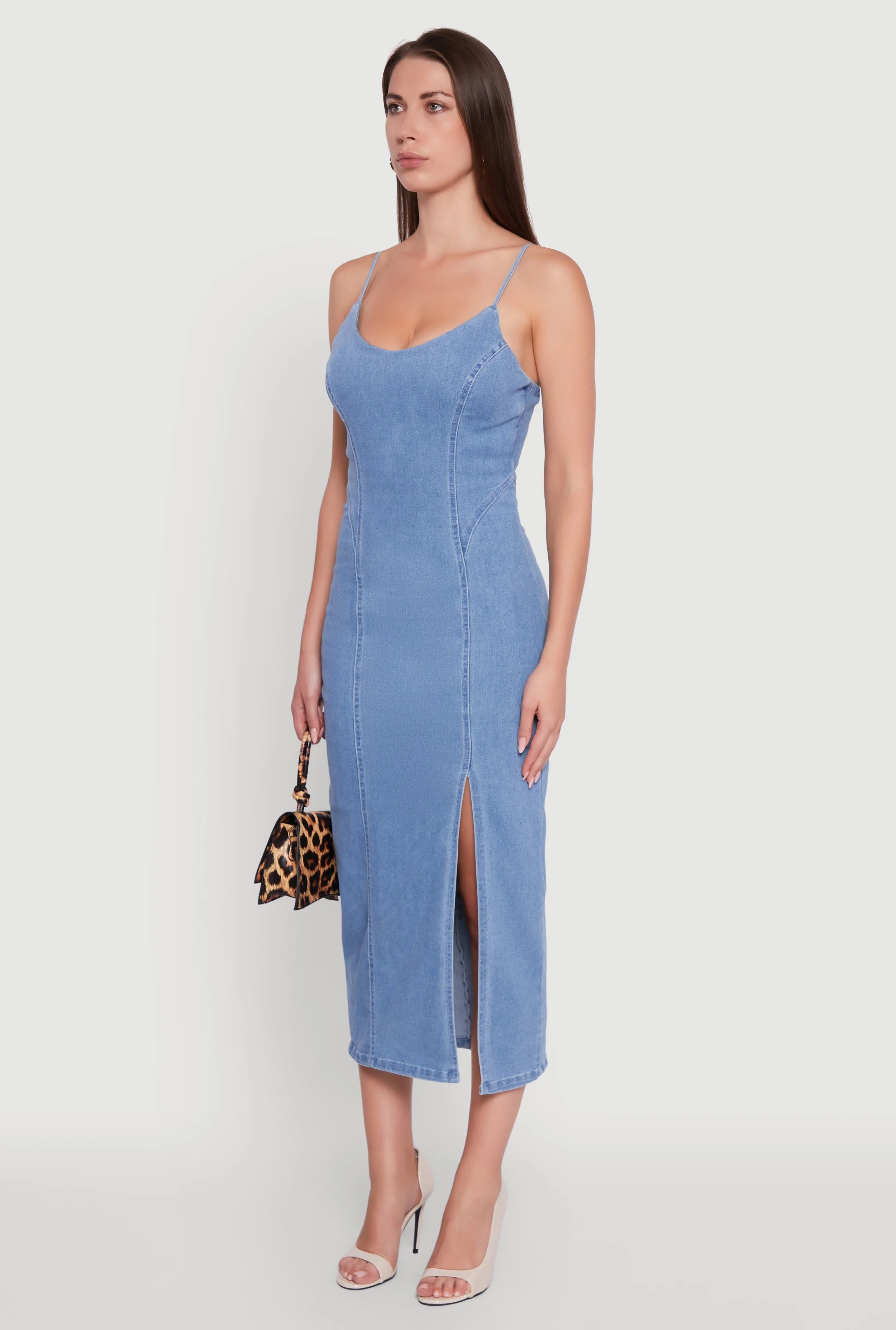 Sleek Silhouette Chic and Simple Denim Pintuck Scoop Neck Side Slit Dress