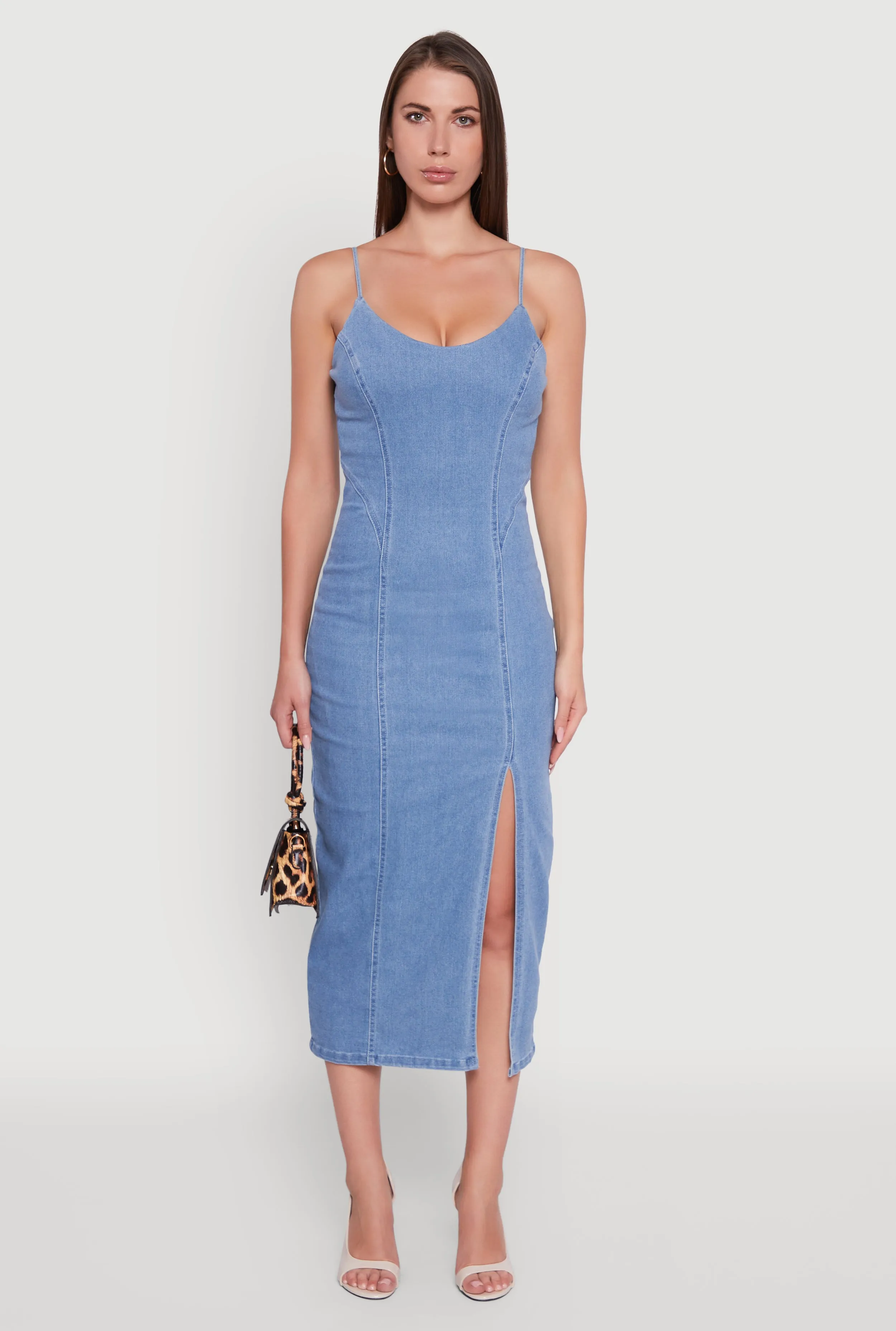 Elegant fit for formal occasions Denim Pintuck Scoop Neck Side Slit Dress