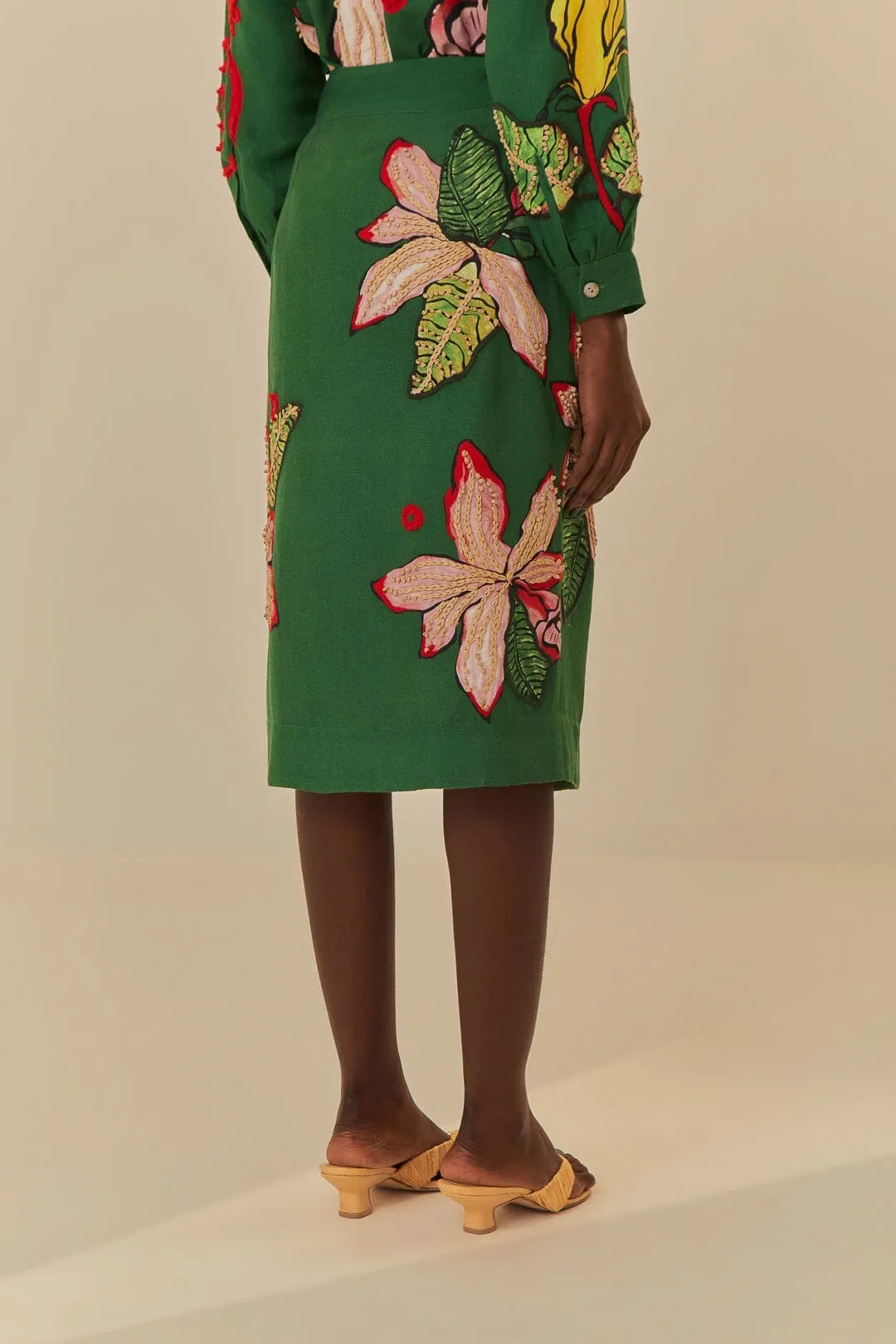 Green Pollen Midi Skirt Modern Combo Slip Resistant Waist