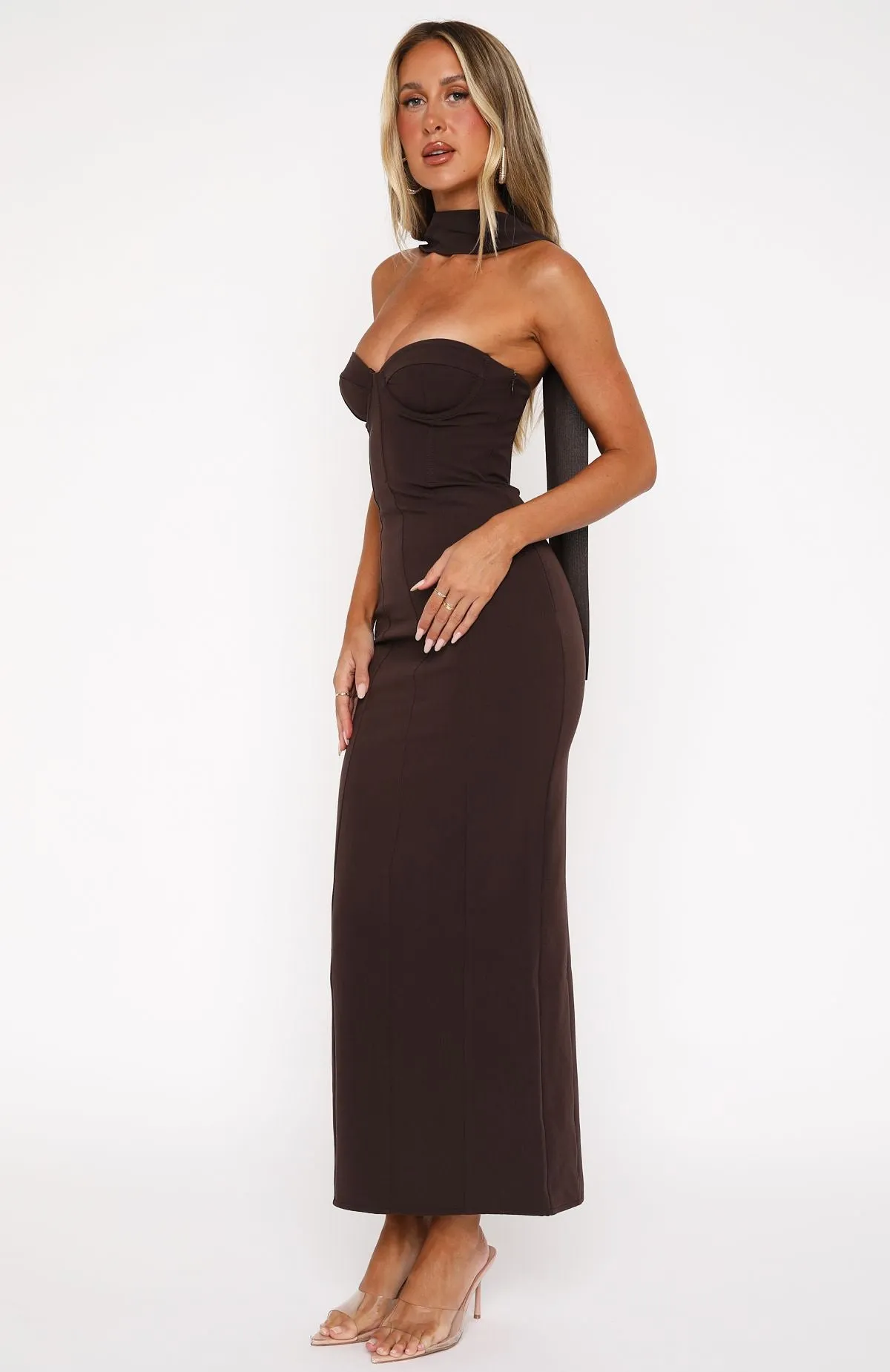 Soft Core Silver Glow Raining Hearts Strapless Maxi Dress Chocolate