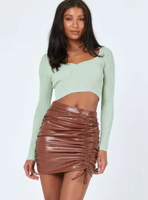 Davis Ruched PU Mini Skirt Brown Gathered waist Water Resistant