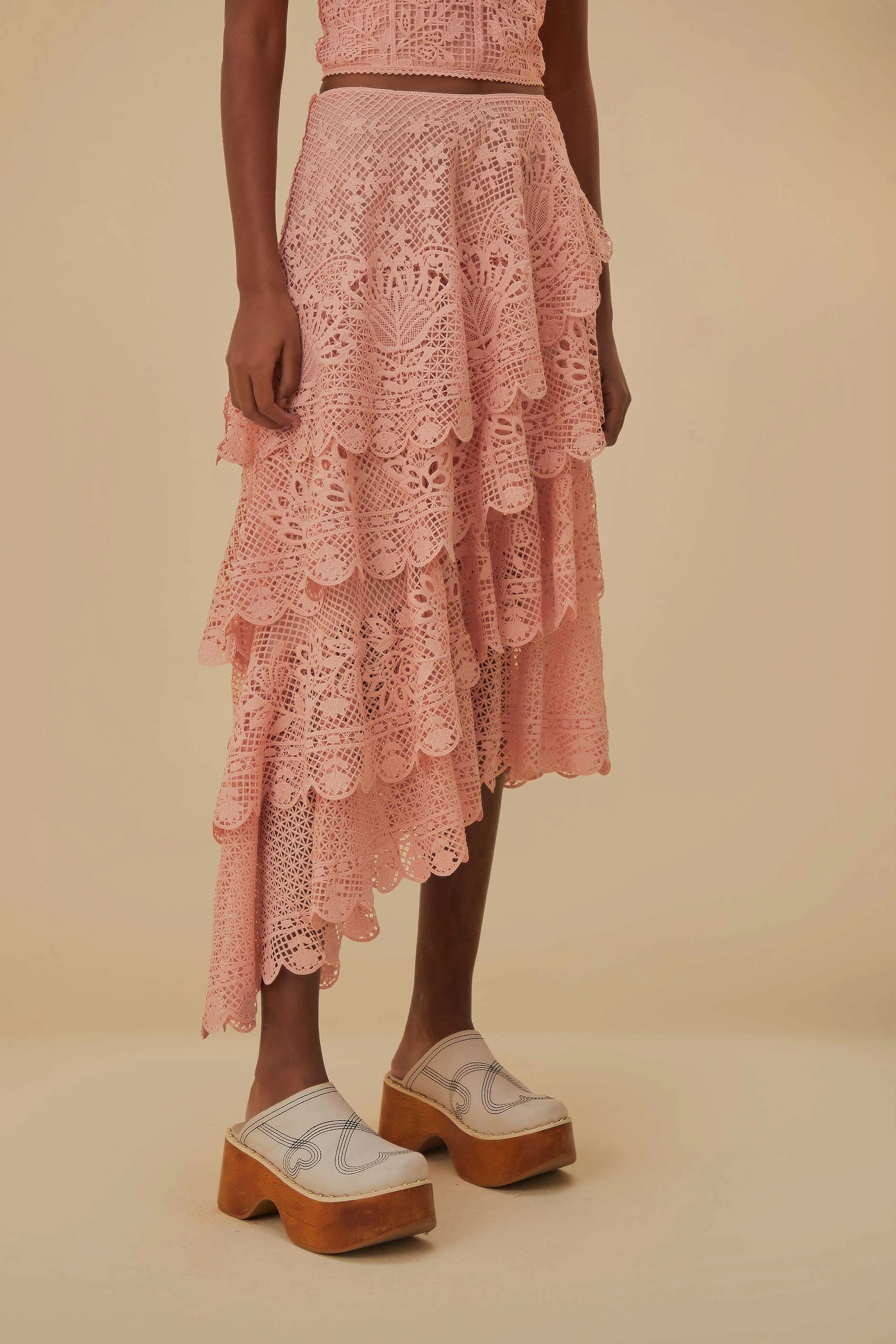 Light Pink Guipure Layered Maxi Skirt Timeless Trend