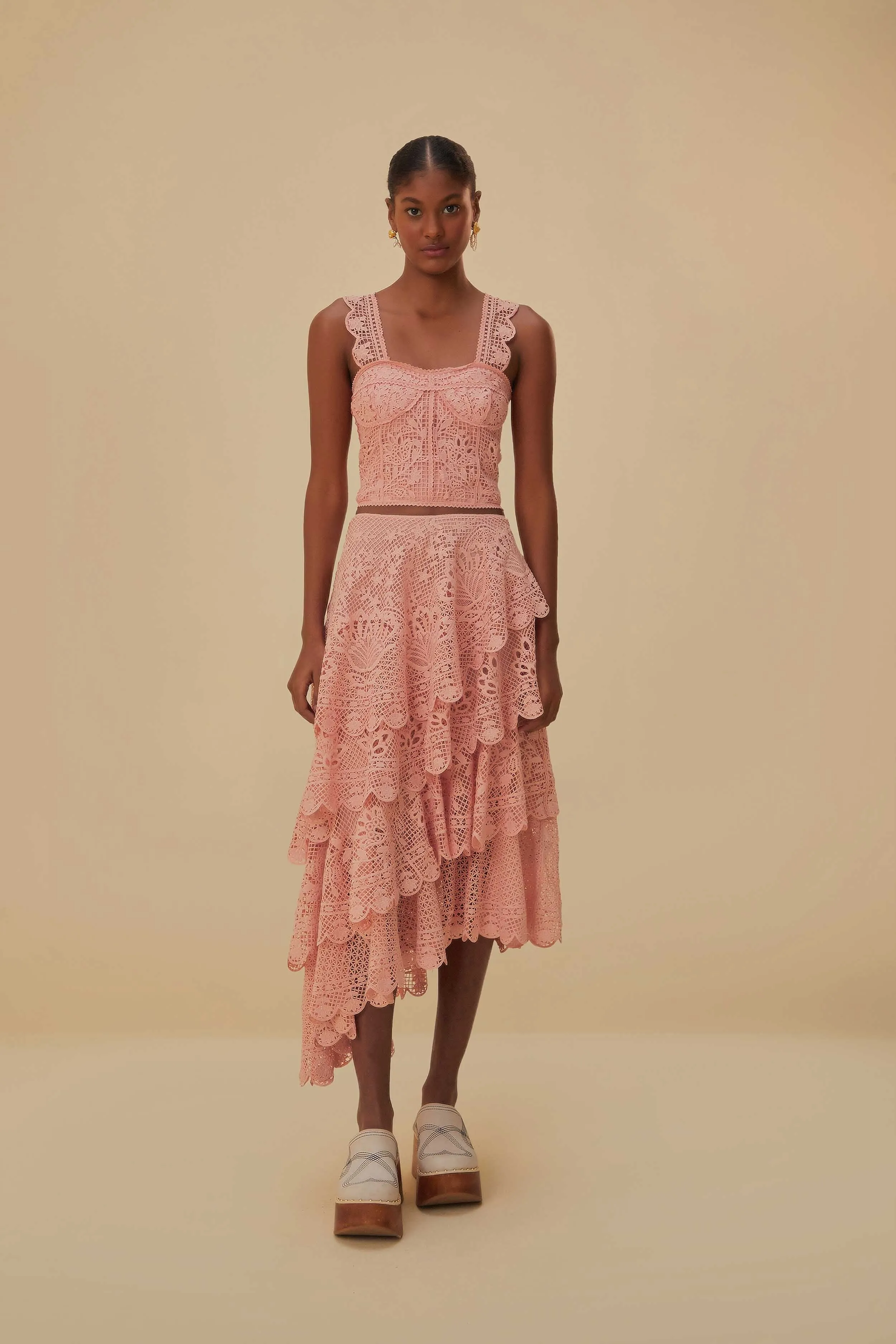 Adjustable Hem Light Pink Guipure Layered Maxi Skirt