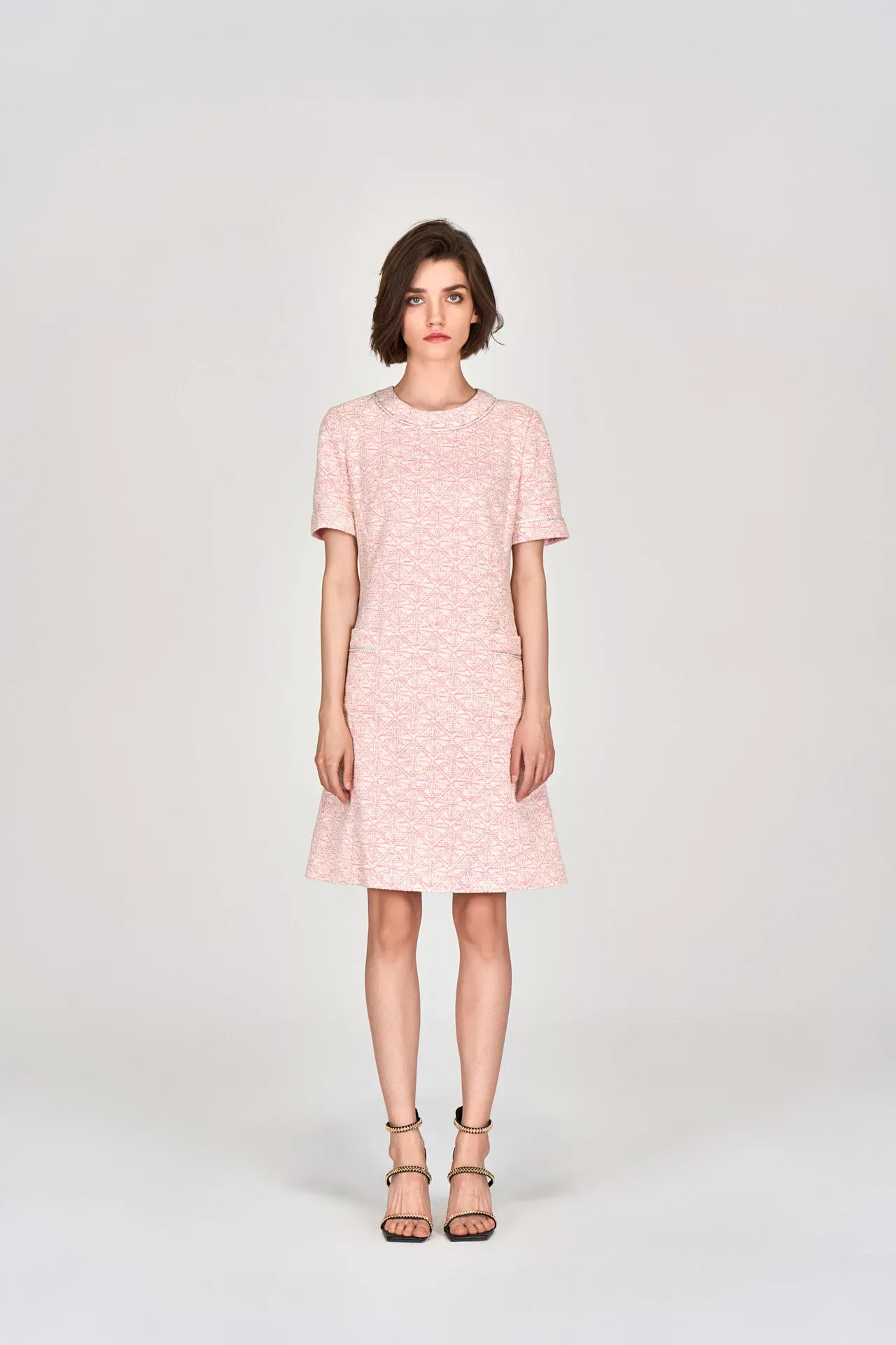 Foldable Hem 4Way Stretch Digitized Pink Tweed Dress