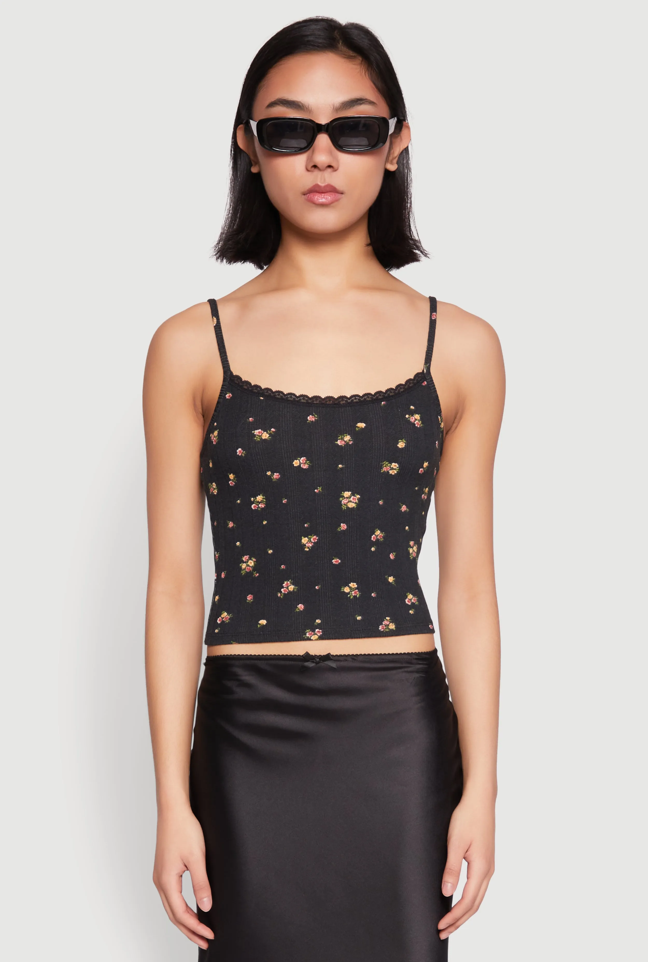 Ribbed Knit Lace Trim Ditsy Print Cami short term lease