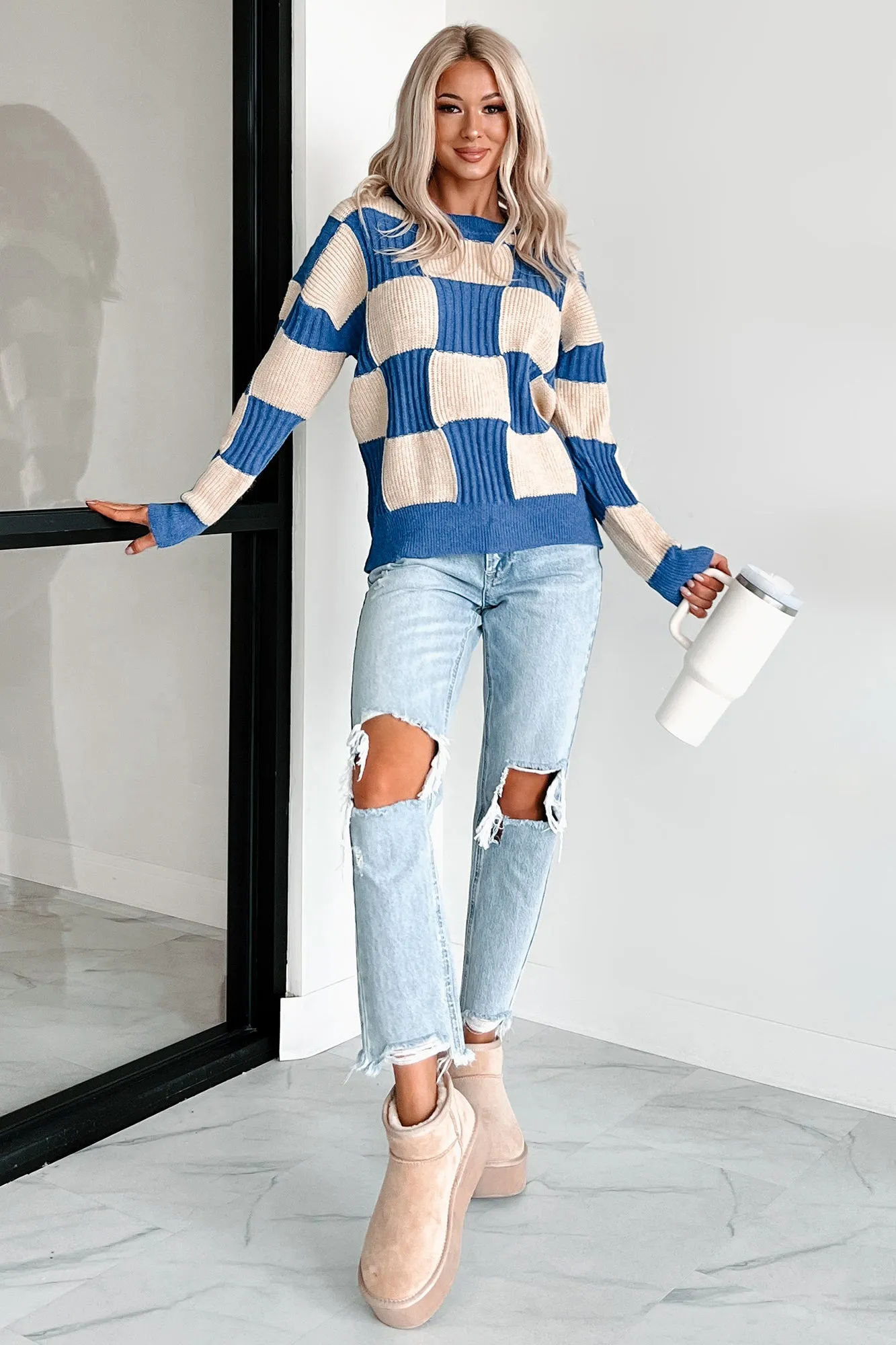 Alaina High Rise Distressed Boyfriend Jeans (Light Denim) Bootcut style