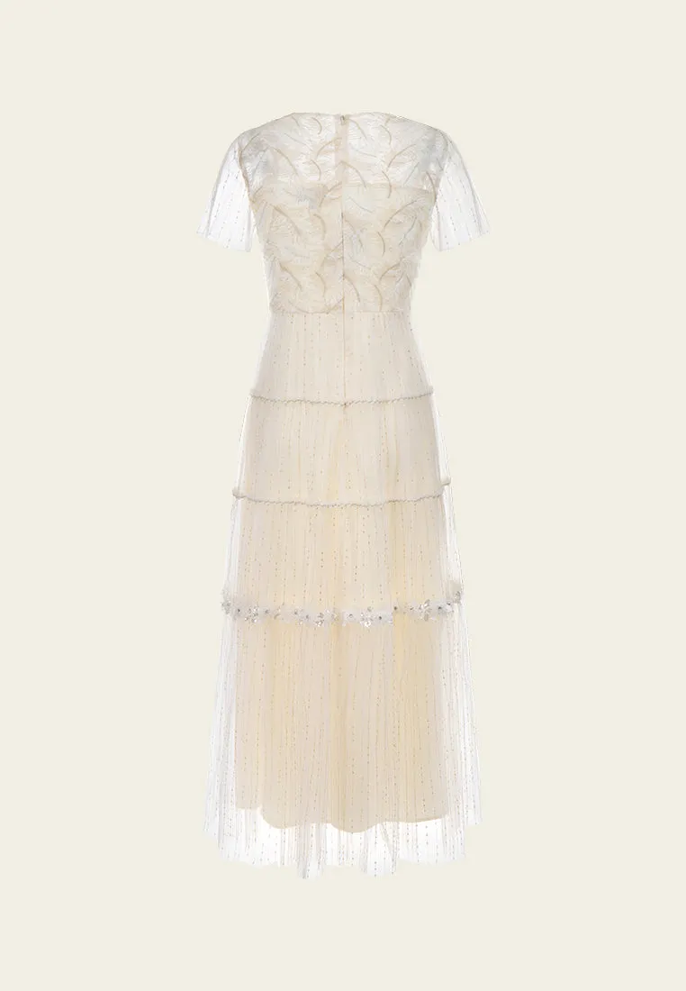 Embellished Crystal-detail Panelled Mesh Dress Thin Core HighCollar Style