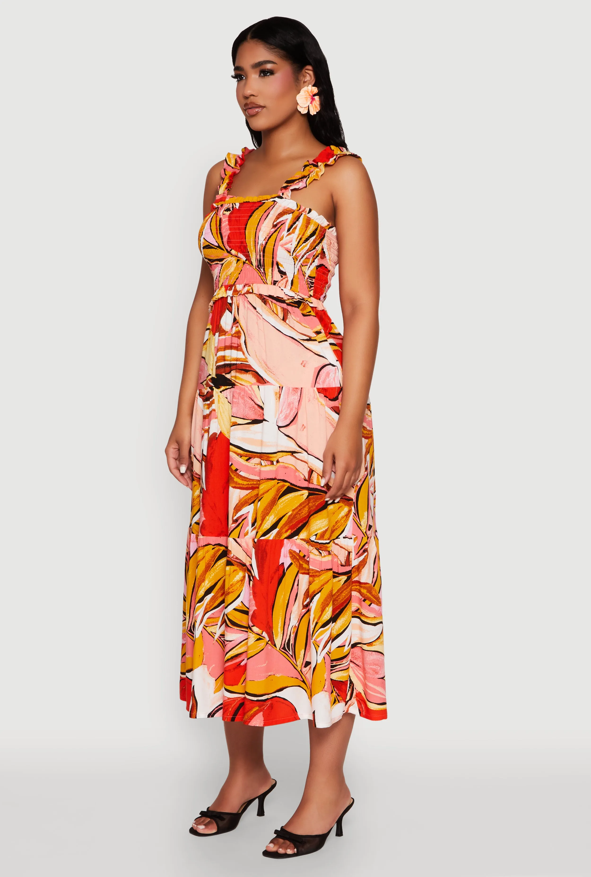 Printed Pattern Smocked Tiered Dress Stone Touch Chill Ready