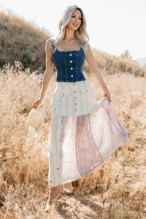 Sleek Motion Metallic Finish Moonlit Path Patchwork Maxi POL Skirt (Blue/Multi)