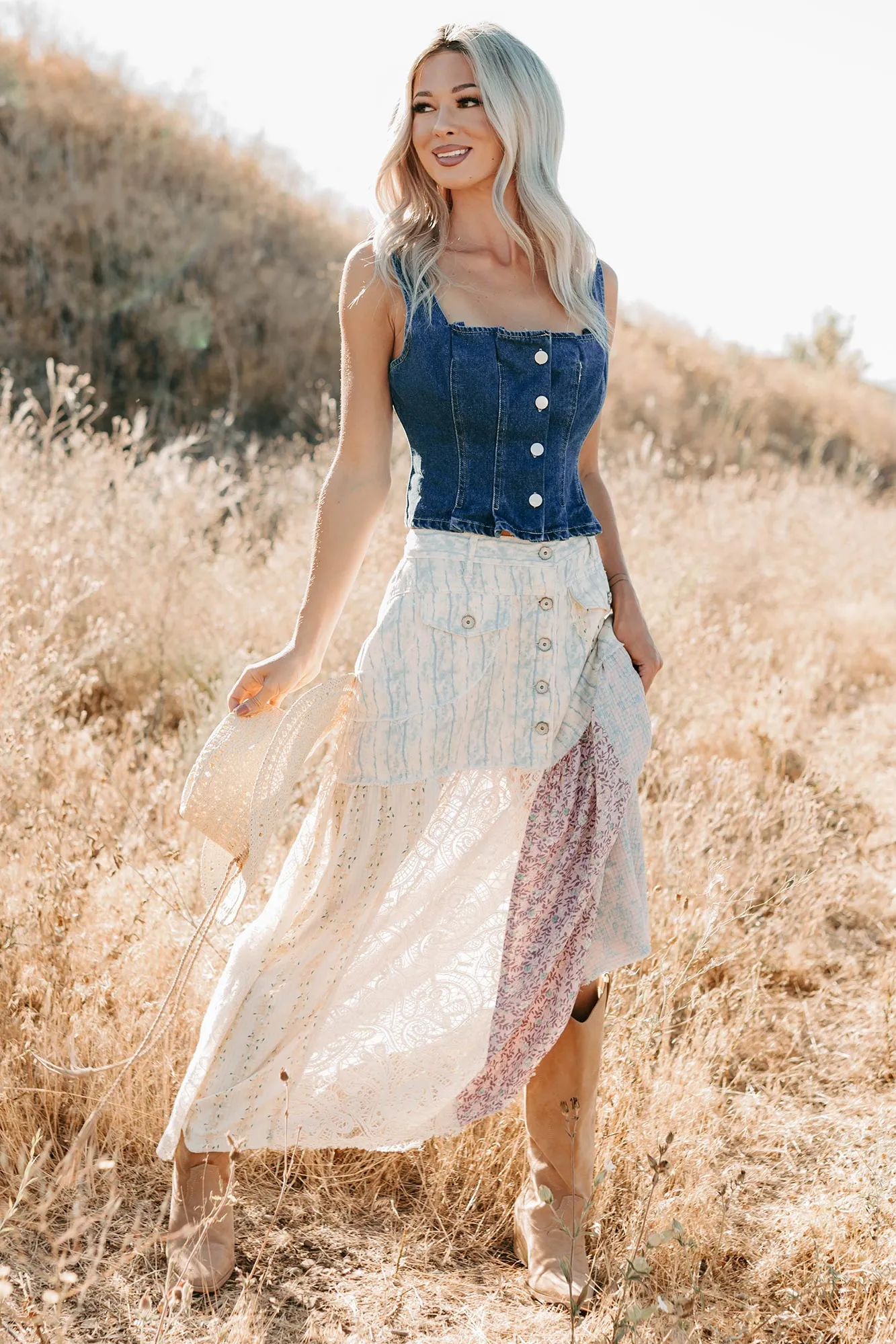 Shape Enhancing Eco Friendly Dye Moonlit Path Patchwork Maxi POL Skirt (Blue/Multi)