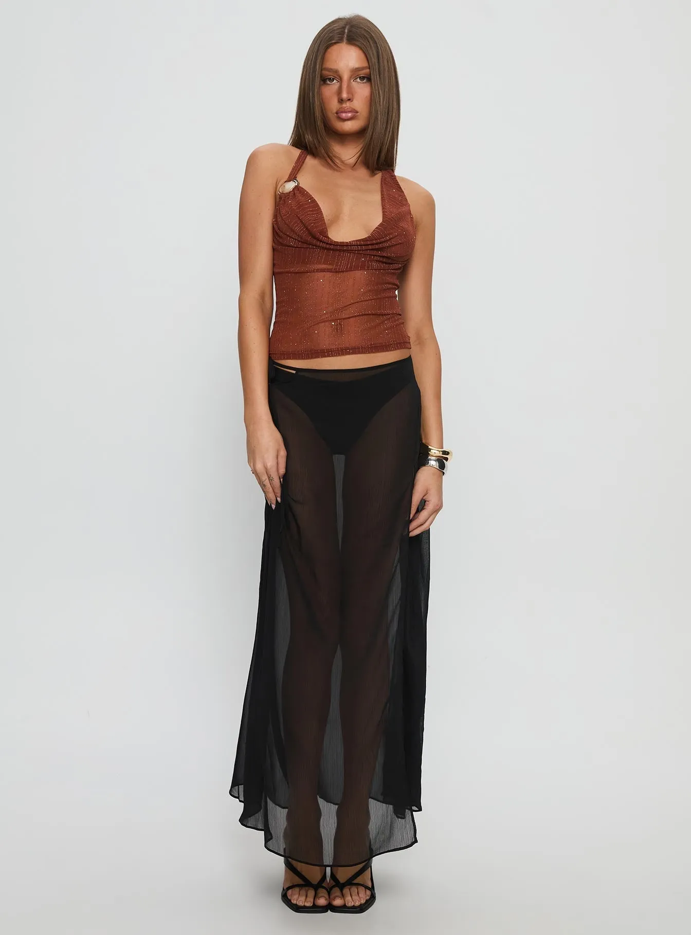Onyxa Sheer Wrap Maxi Skirt Black Soft Aesthetic Pull On Style