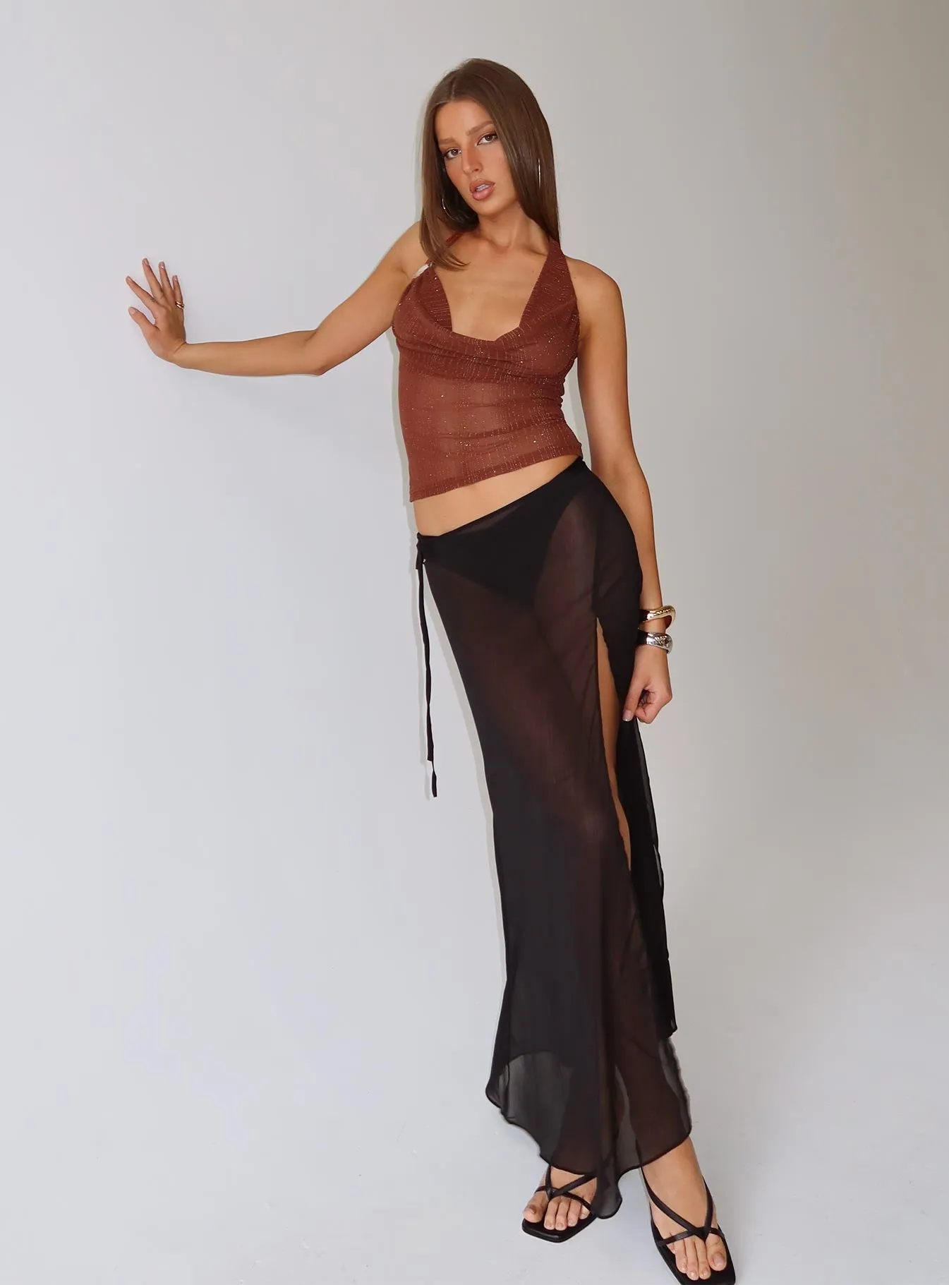 Minimalist fashion Warm Insulation Onyxa Sheer Wrap Maxi Skirt Black
