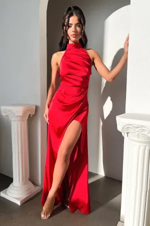 Arabelle High Neck Satin Maxi Dress - Red The elegant cut of this dress highlights your figure while offering plenty of room to move