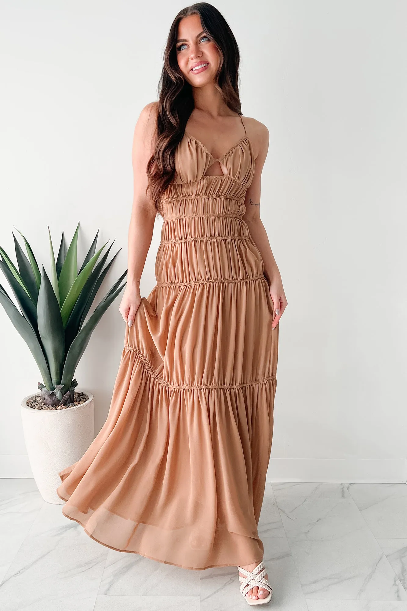 Ivory Shine Wind Proof Strolling In Sicily Ruched Maxi Dress (Tan)