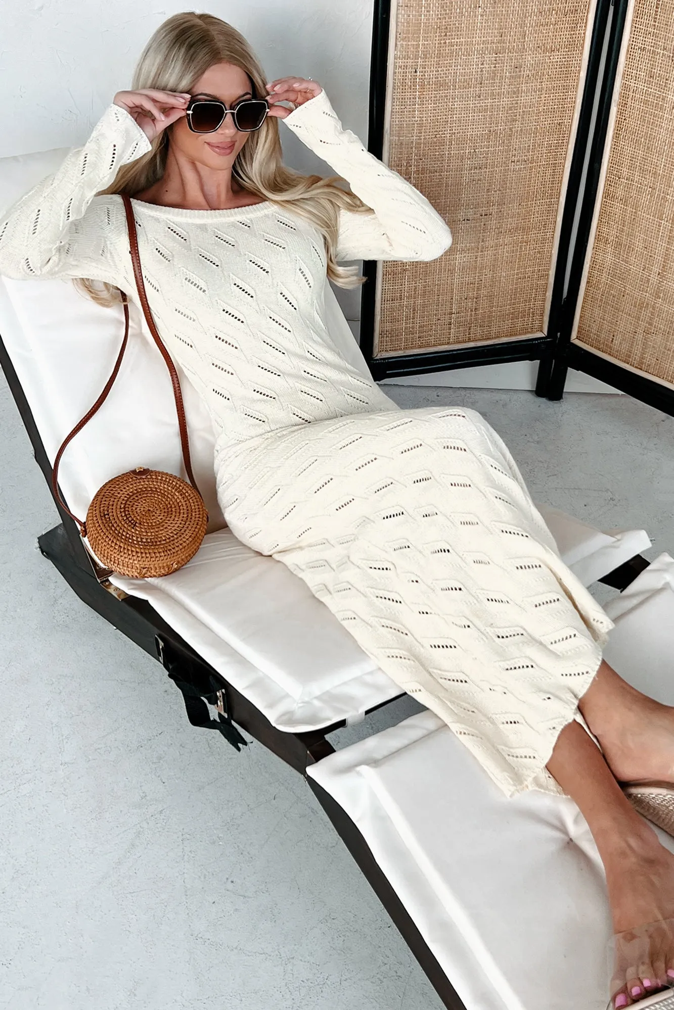 Velvet Glow Sun Bay Successfully Stylish Off The Shoulder Sweater Maxi Dress (Cream)