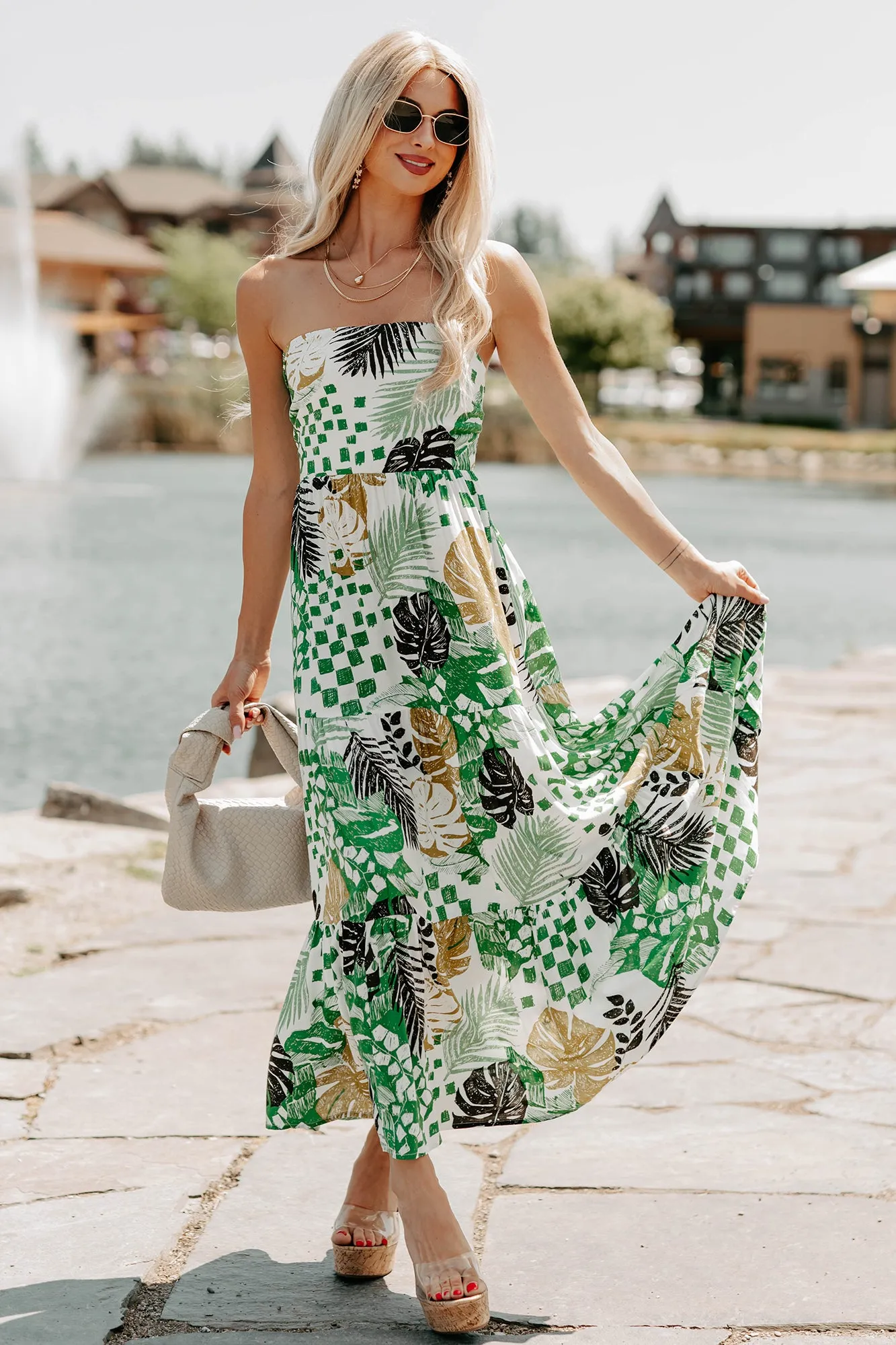 casual beachwear Free Air Feel It First Strapless Leaf Print Maxi Dress (Ivory/Green)