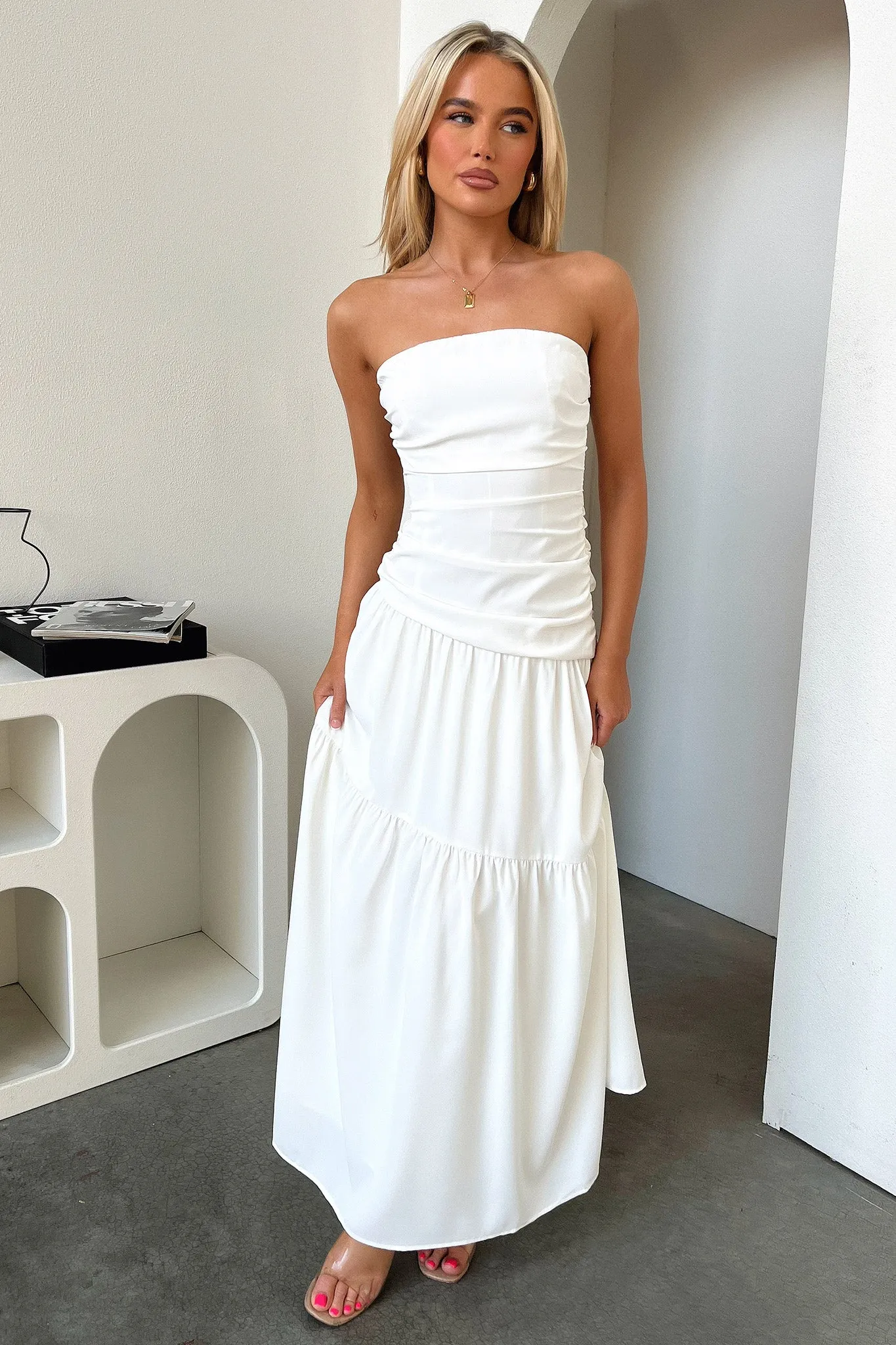 Charlotte Strapless Maxi Dress - White Lantern Glow This maxi dress is perfect for creating a chic and polished look without trying too hard