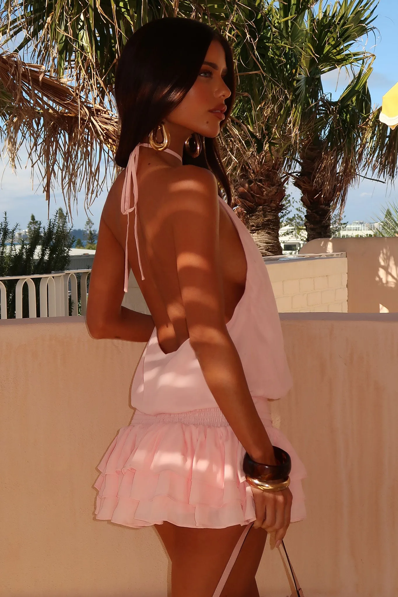 Comfort Fit Feminine mini-length gown Latina Open Back Mini Dress - Baby Pink