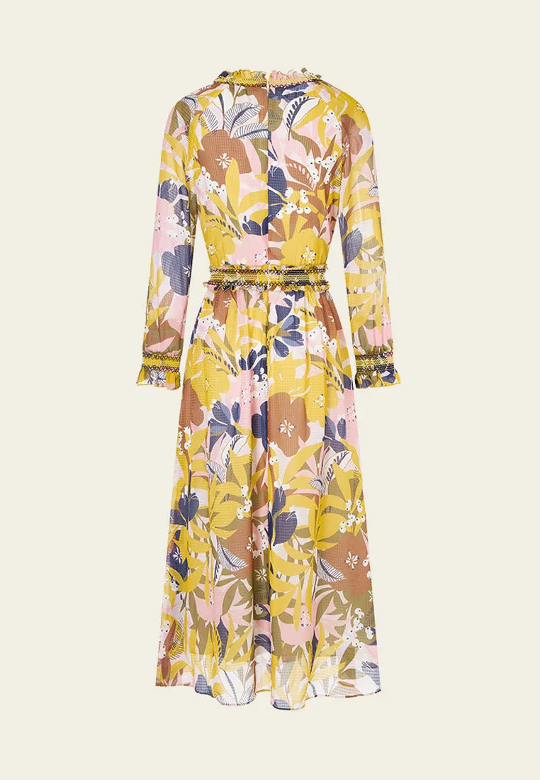 London Edge Japan Neat Yellow Floral Print Chiffon Maxi Dress