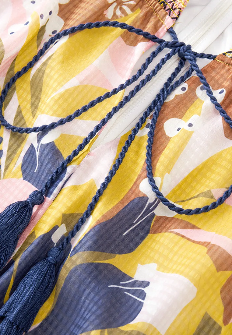 Yellow Floral Print Chiffon Maxi Dress MeshVentilation