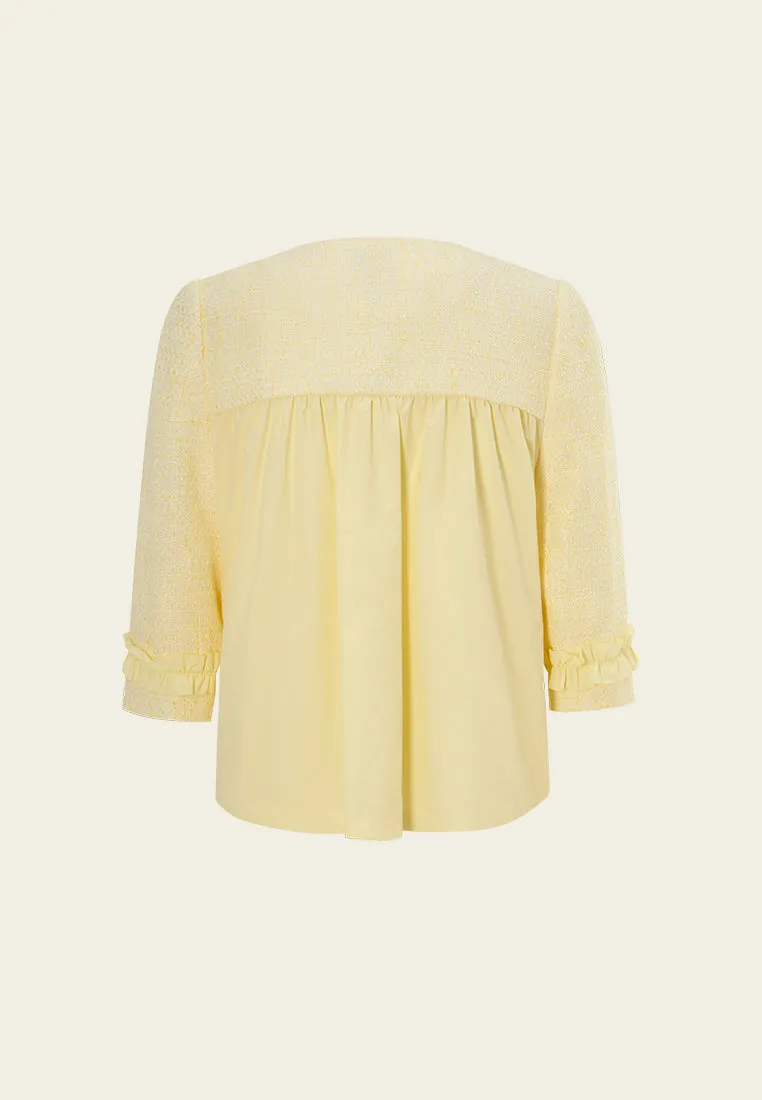 Warm Base WrinkleResistant Ruffle-detail Crystal-button Tweed Jacket Yellow