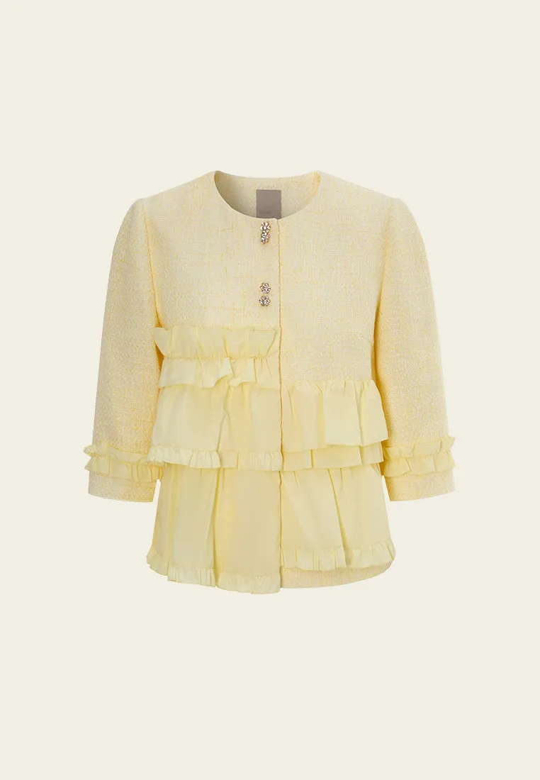 Lake Glow Trend Glow Ruffle-detail Crystal-button Tweed Jacket Yellow