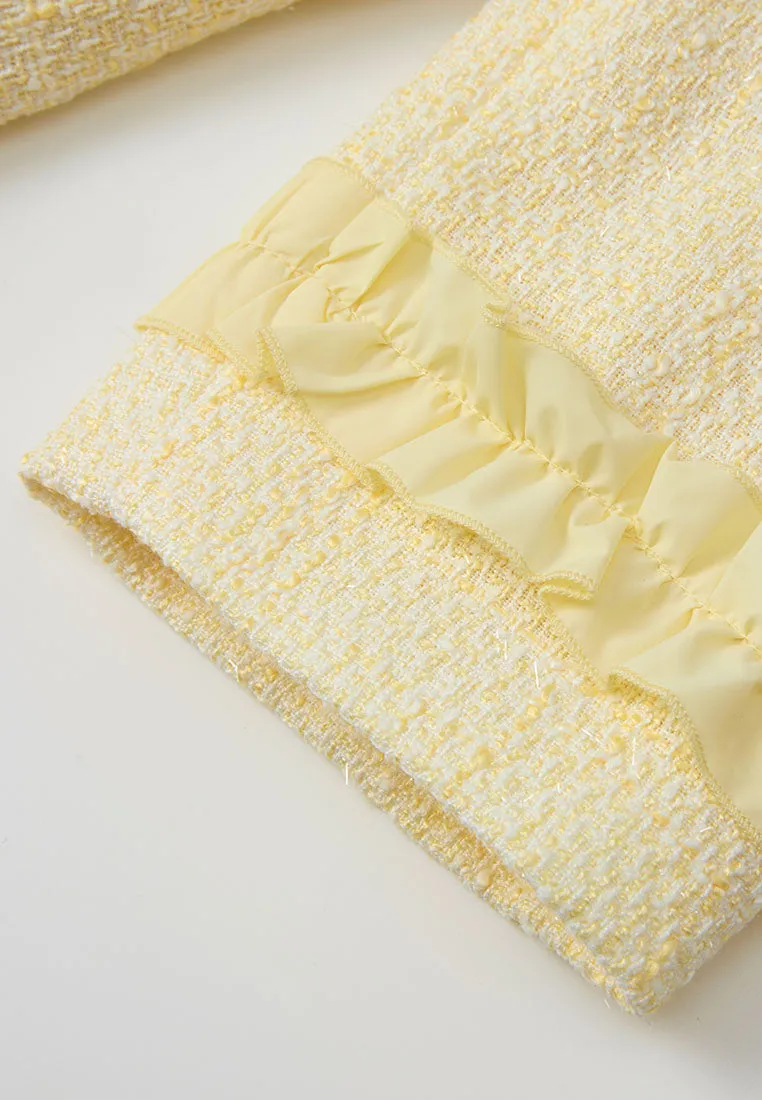 Air Move Ruffle-detail Crystal-button Tweed Jacket Yellow