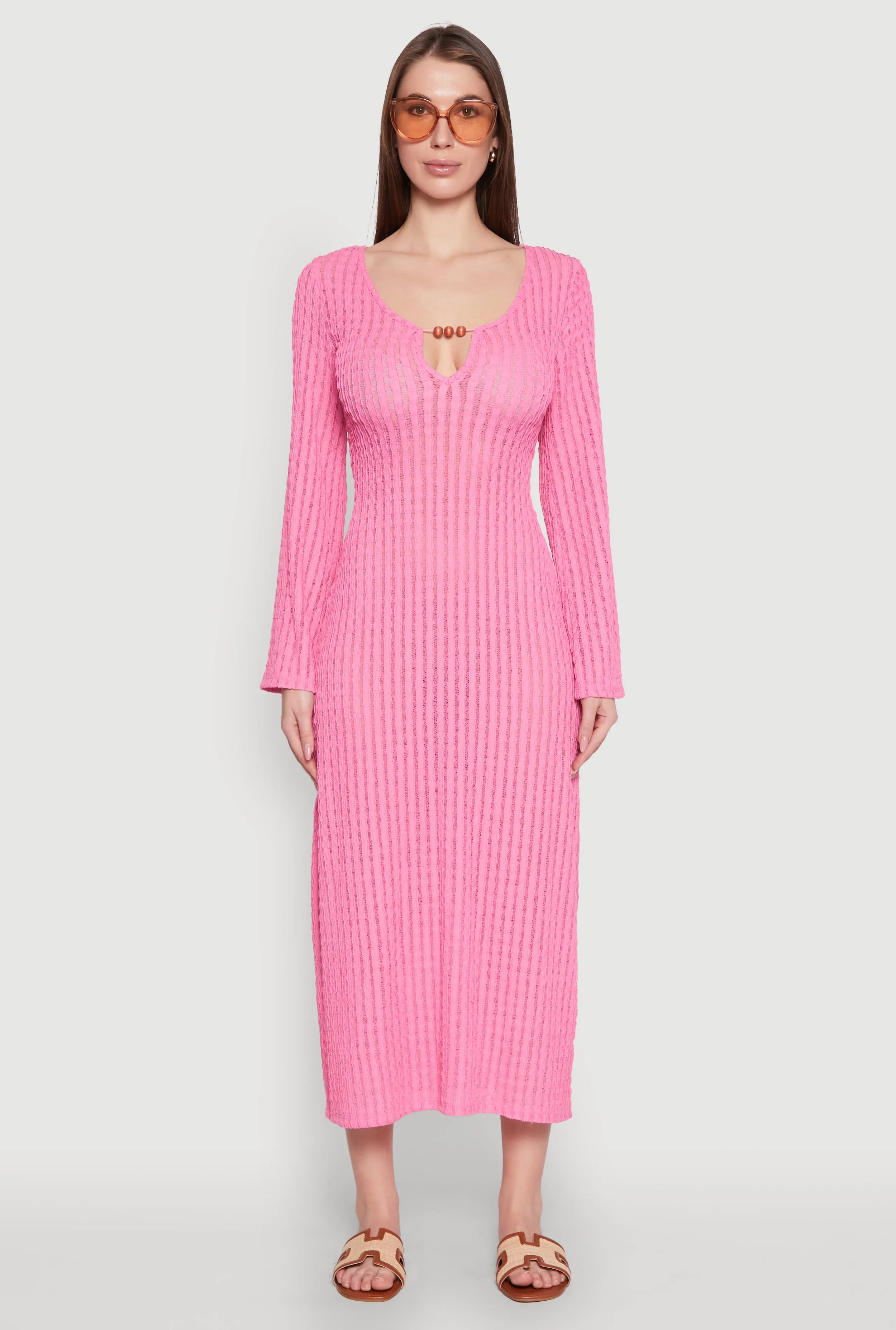 Street Chic Textured Knit Beaded Keyhole Shadow Stripe Dress