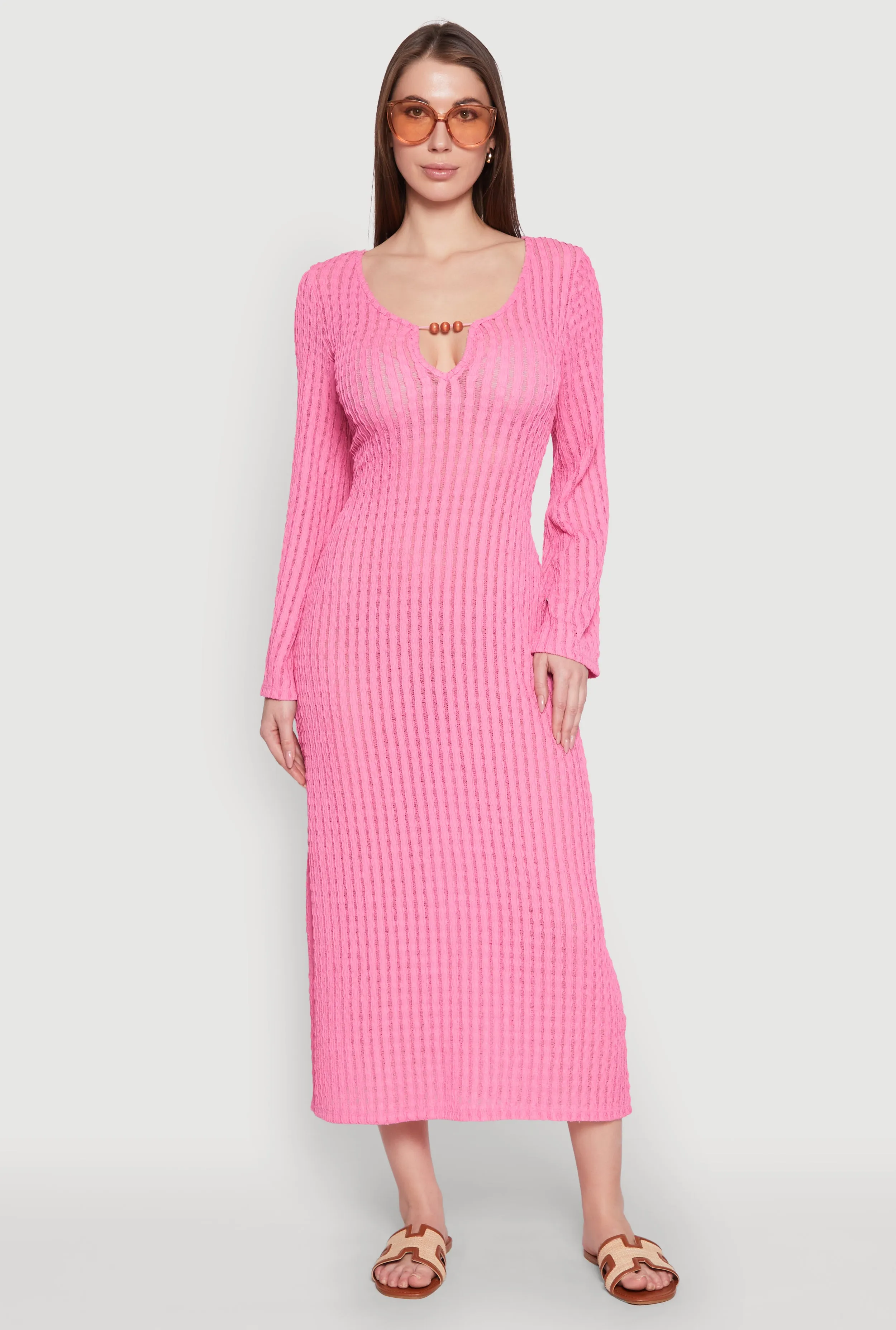 Textured Knit Beaded Keyhole Shadow Stripe Dress Amber Light Sunrise Feel