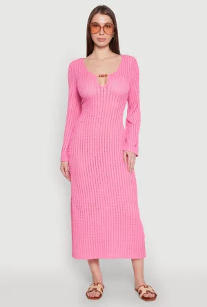 Textured Knit Beaded Keyhole Shadow Stripe Dress Amber Light Sunrise Feel