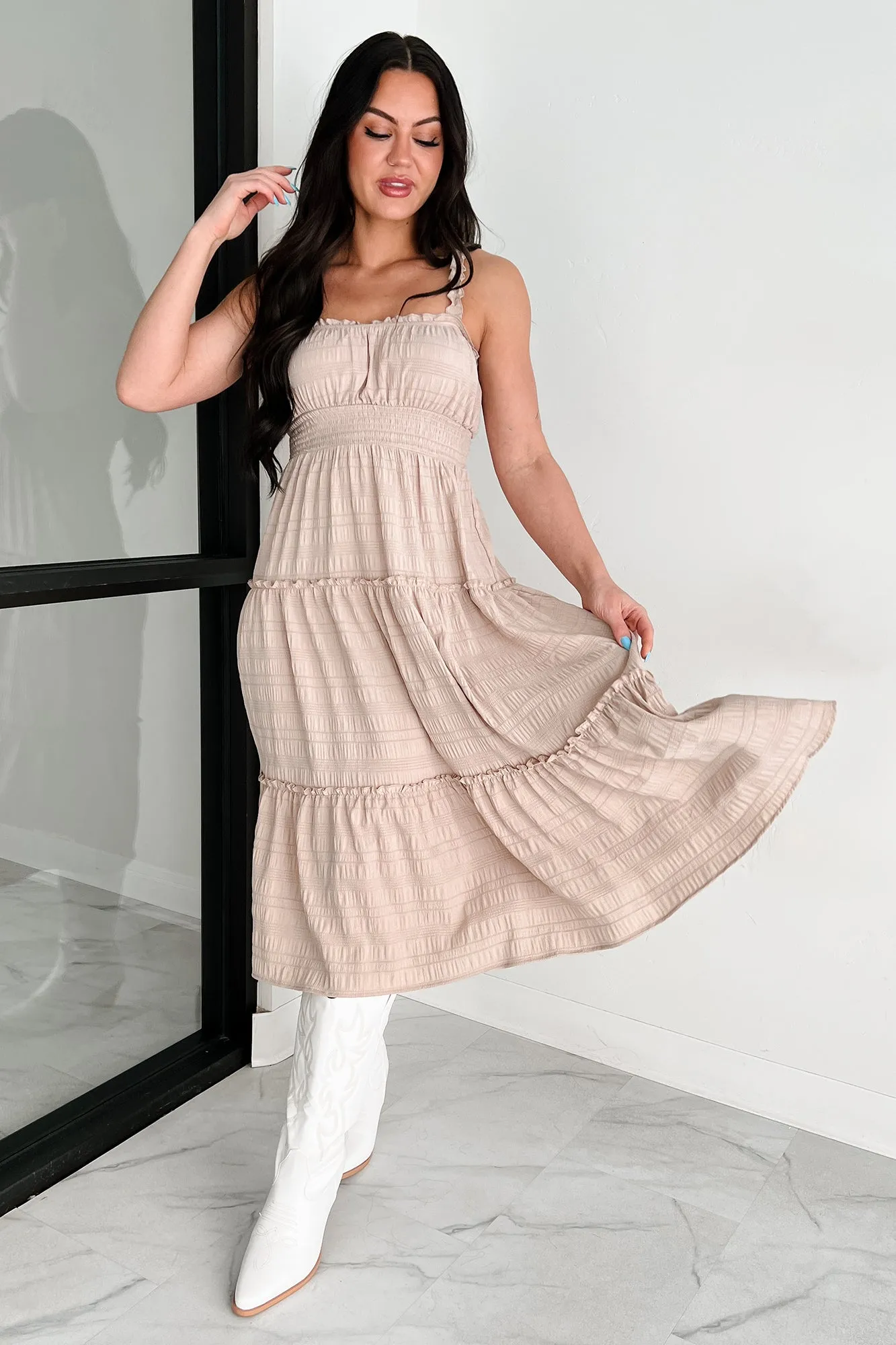 Seasonal Wardrobe Quiet Elegance Ruffle Tiered Midi Dress (Almond)