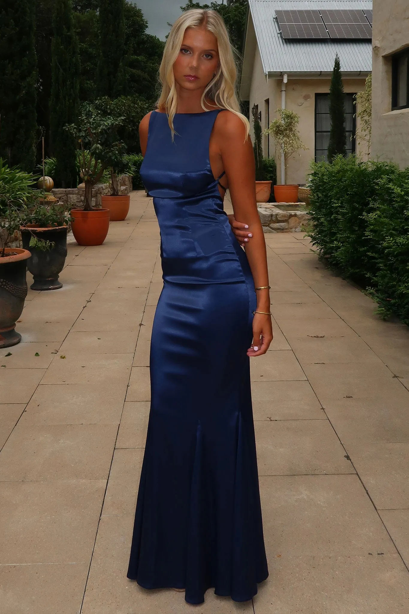 Margot High-Neck Satin Maxi Dress - Navy Noon Light