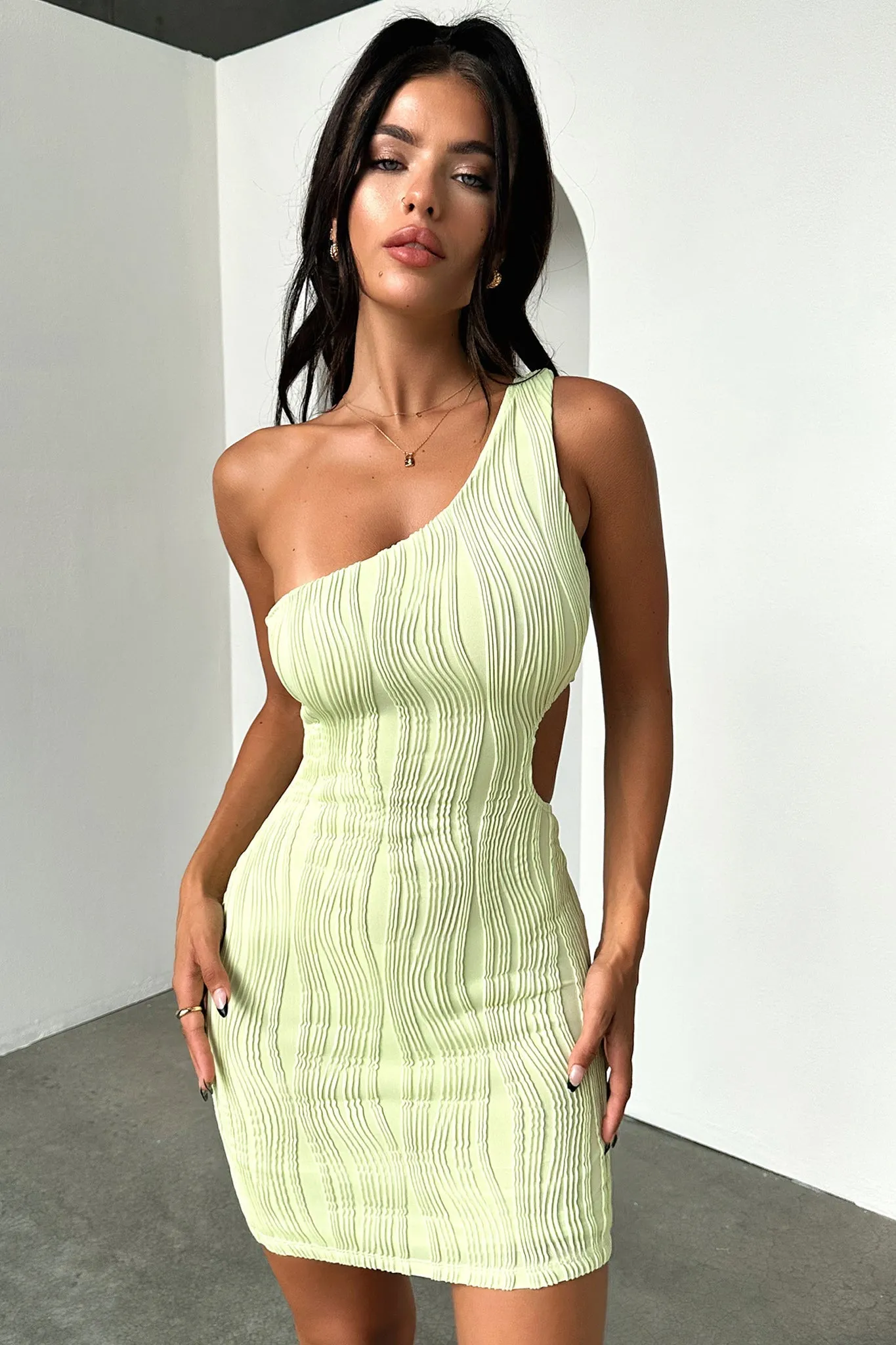 Trami One Shoulder Mini Dress - Green Trend Light
