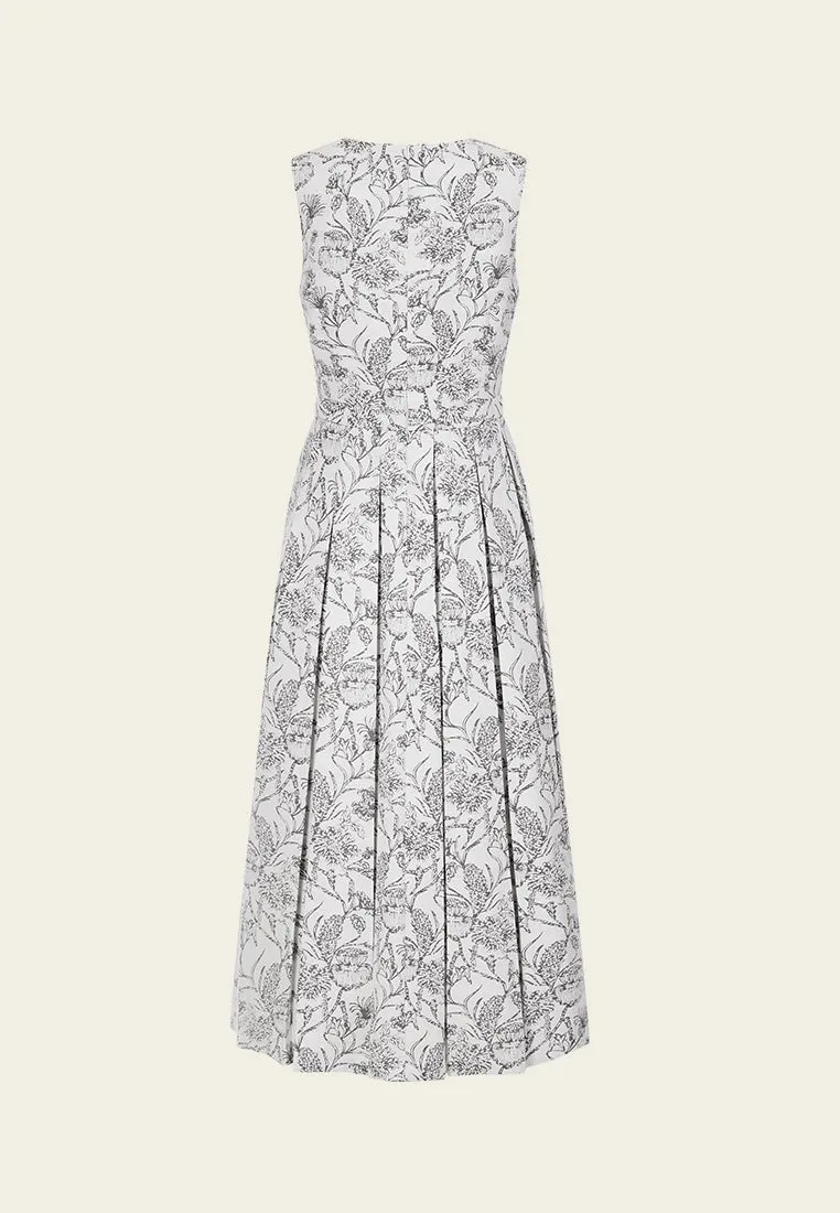 Rain Proof Pleated-detail Floral Jacquard Sleeveless Dress