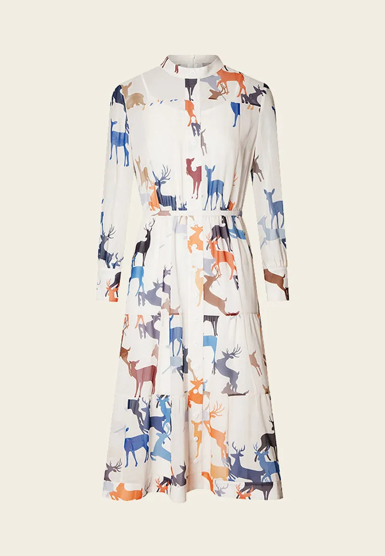 Deer Print Pussy-bow Collar Chiffon Dress Spanish Glow MatteFinishTexture