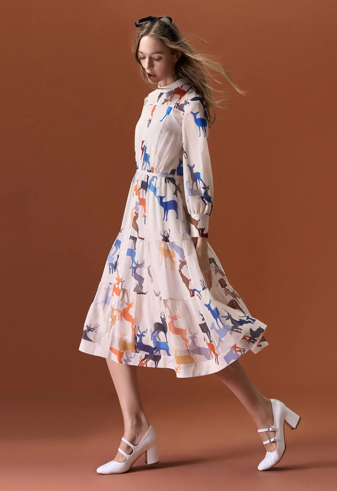 Car Cool Easy Cool Deer Print Pussy-bow Collar Chiffon Dress