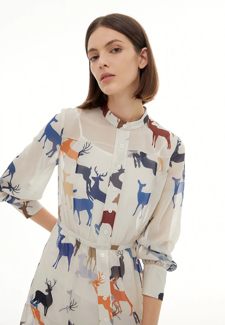 Deer Print Pussy-bow Collar Chiffon Dress Modular Attachment System