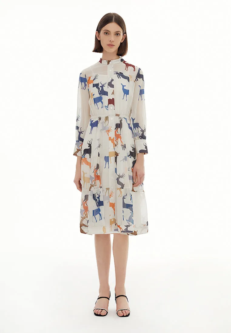 Deer Print Pussy-bow Collar Chiffon Dress BreathableMesh Planet Care