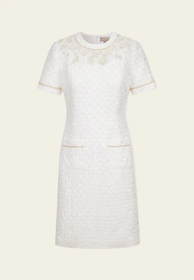 FoldableDesign Green Fit Crease-effect 3D Flower Lurex-and-pearl-detail Dress