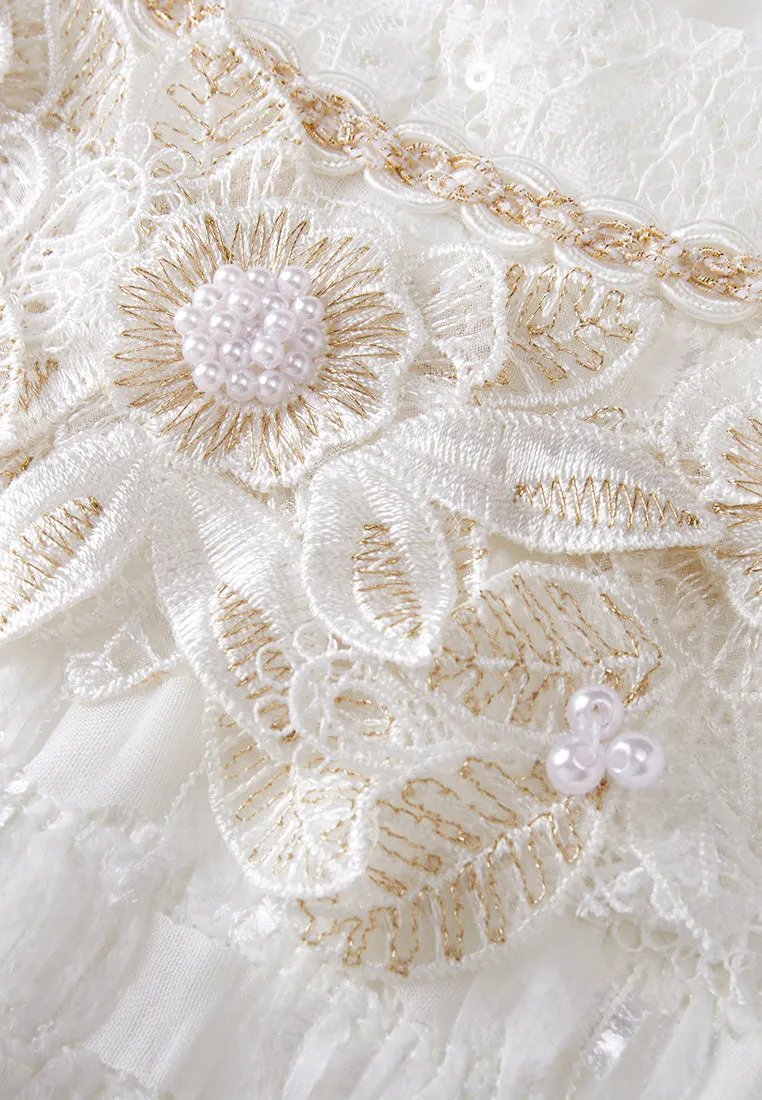 Crease-effect 3D Flower Lurex-and-pearl-detail Dress Boho Free Japan Neat