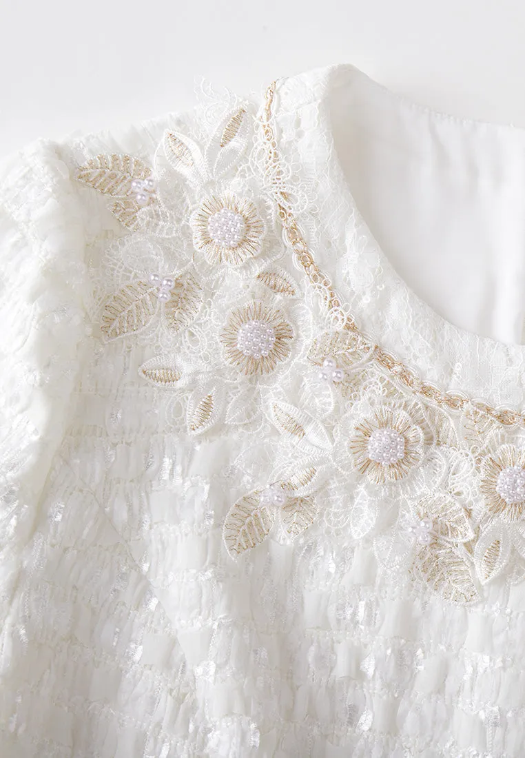 Crease-effect 3D Flower Lurex-and-pearl-detail Dress Play Mode Elegant Glow