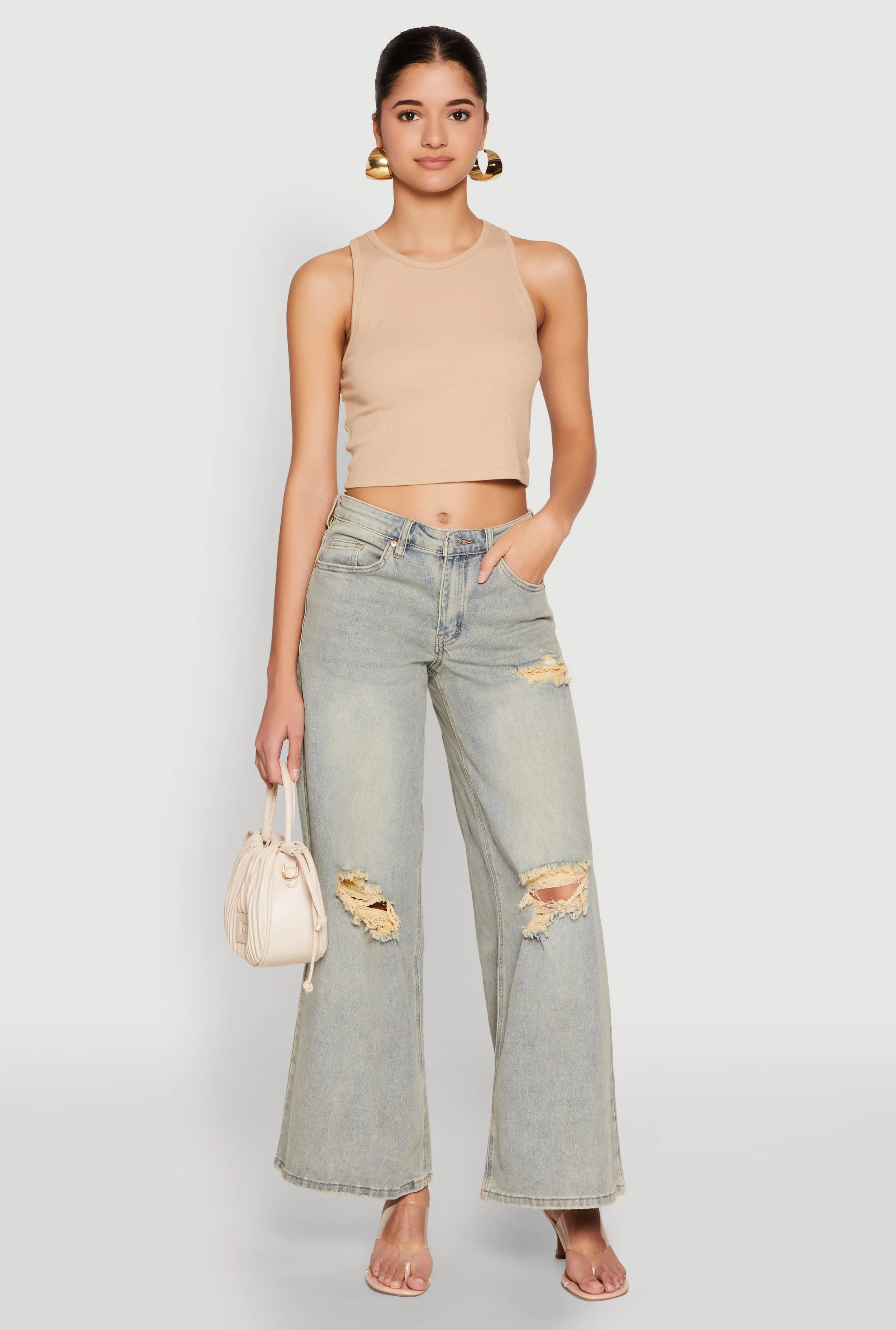 Comfort Stretch Weave Almost Famous Distressed Wide Leg Jeans